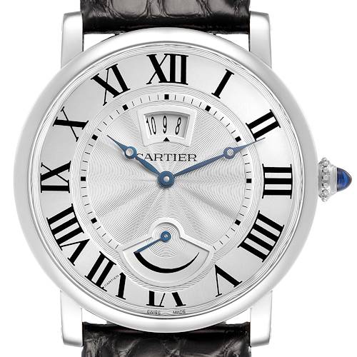 The image shows a front view of the Cartier Rotonde W1556369 Men's Stainless Steel White Dial watch, highlighting its Roman numerals, blue hands, and textured dial.