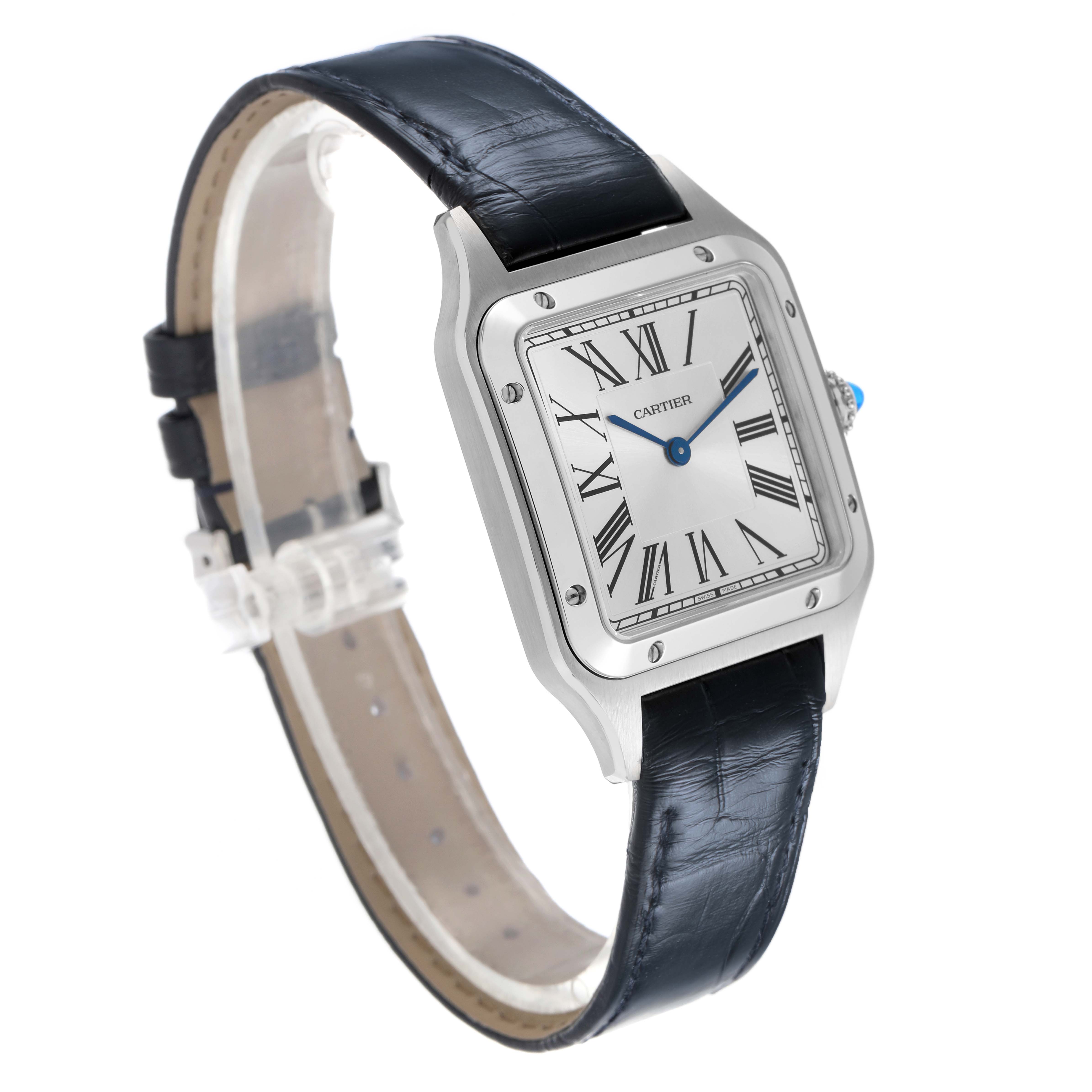 The Cartier Santos Dumont WSSA0085 Men's Stainless Steel Silver Dial watch is shown at a slight angle, displaying its face, Roman numerals, and leather strap.