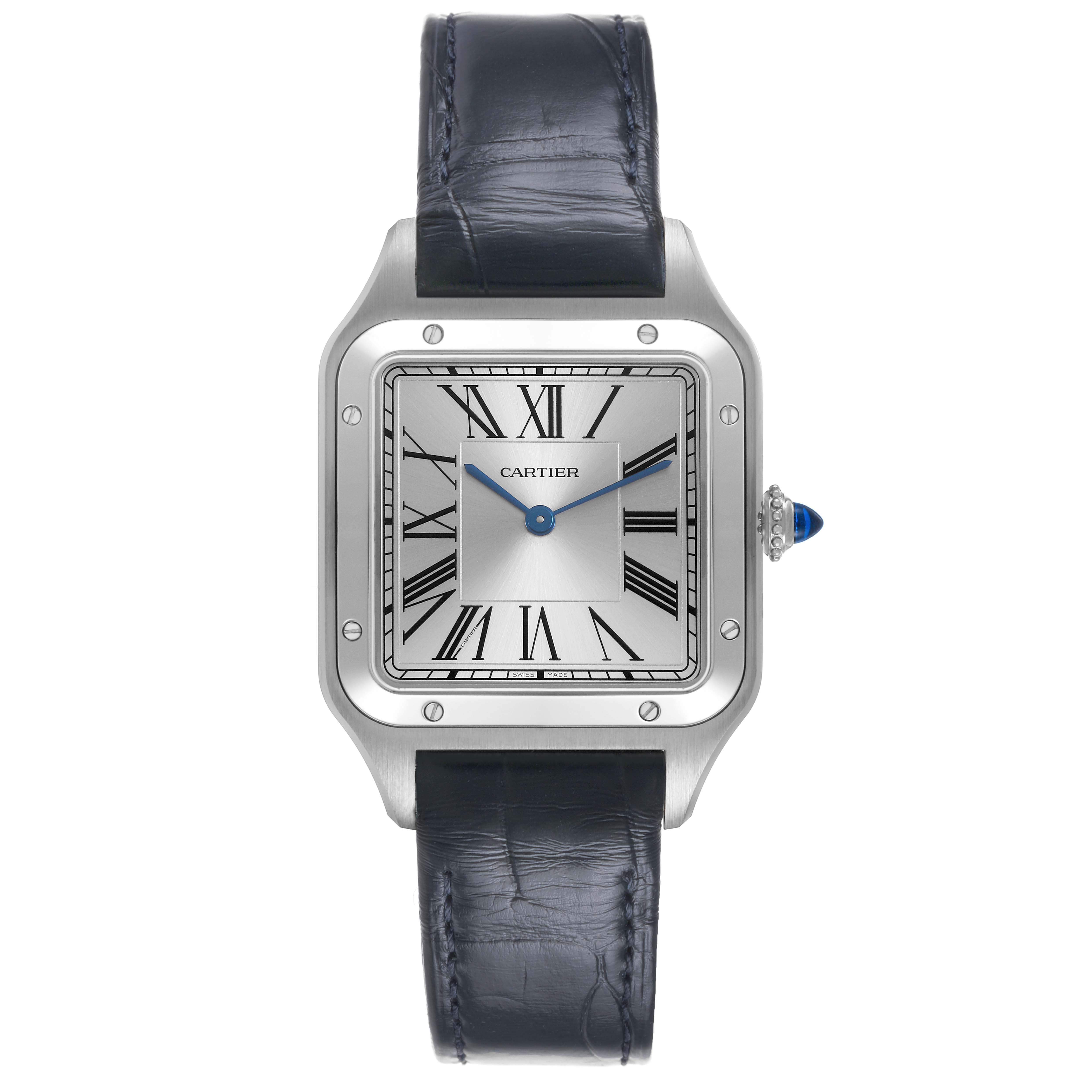 The Cartier Santos Dumont WSSA0085 Men's Stainless Steel Silver Dial watch is shown from the front, featuring a square face, Roman numerals, and a leather strap.