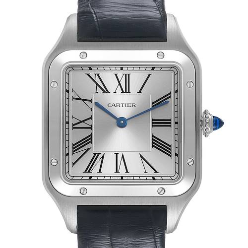 The Cartier Santos Dumont WSSA0085 Men's Stainless Steel Silver Dial watch is shown from the front, highlighting its dial, Roman numerals, blue hands, and crown with a blue cabochon.