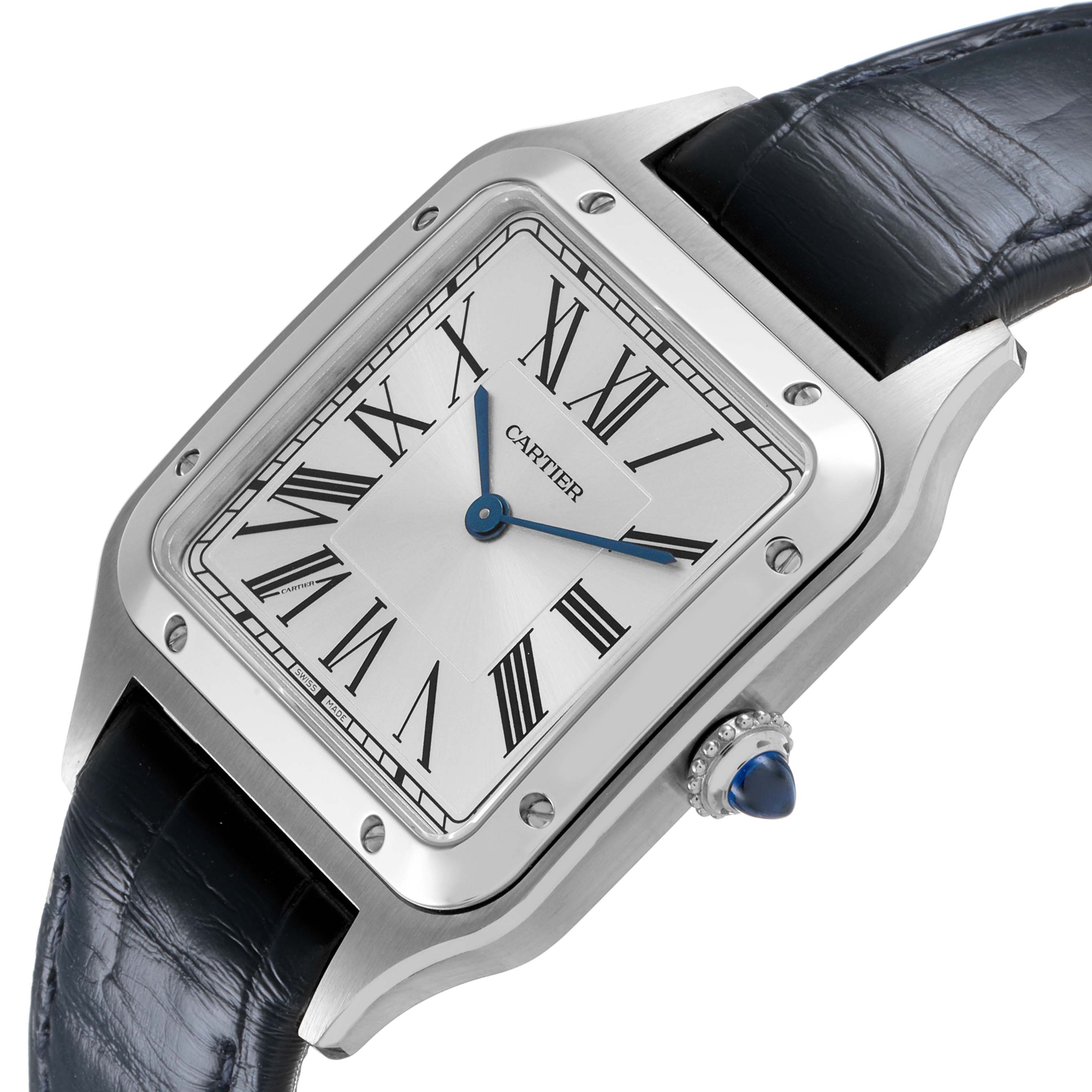 The Cartier Santos Dumont WSSA0085 Men's Stainless Steel Silver Dial watch is shown at a slight side angle, highlighting the dial, crown, and leather strap.