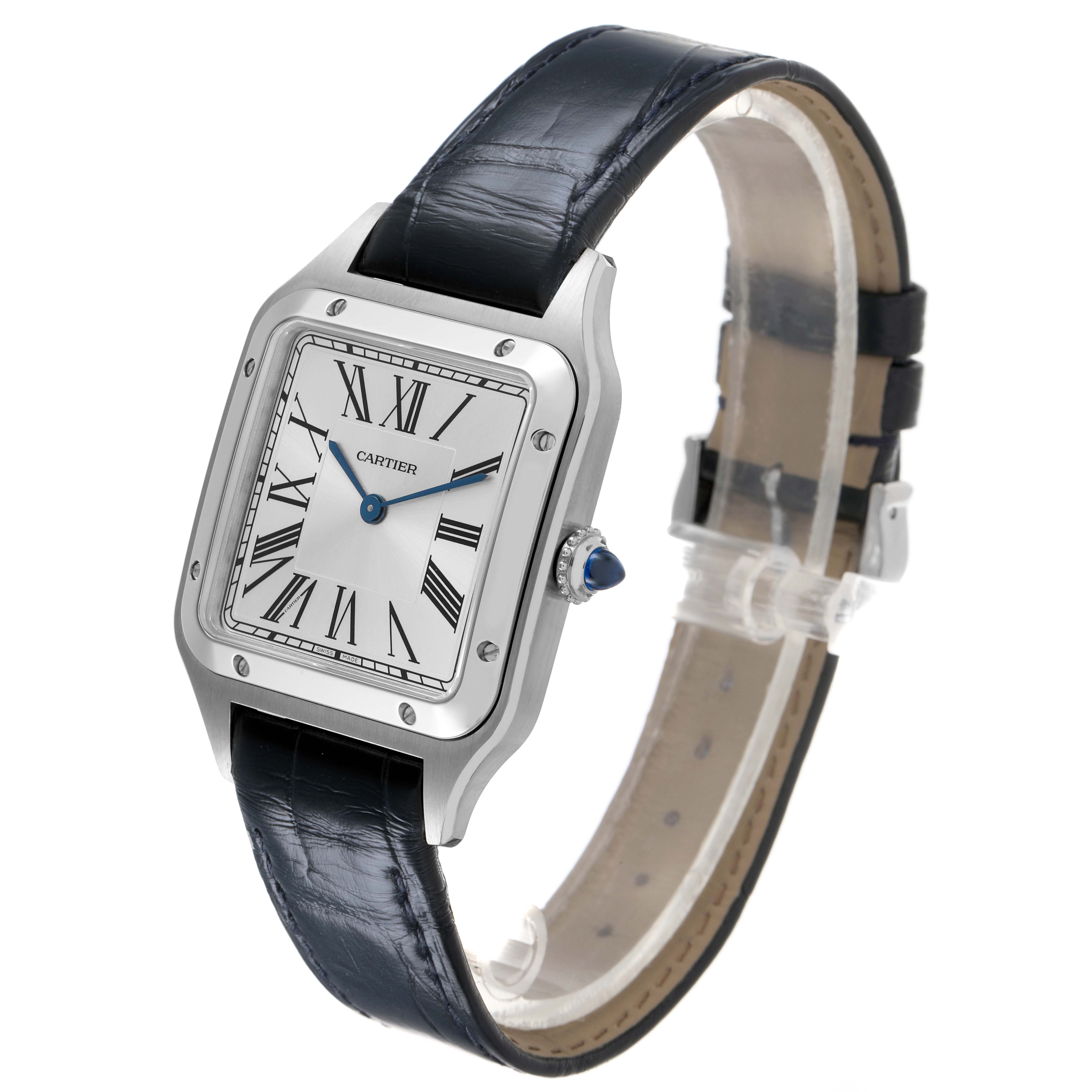 The Cartier Santos Dumont WSSA0085 Men's Stainless Steel Silver Dial watch is shown at a three-quarter angle, highlighting its face, roman numerals, hands, and leather strap.