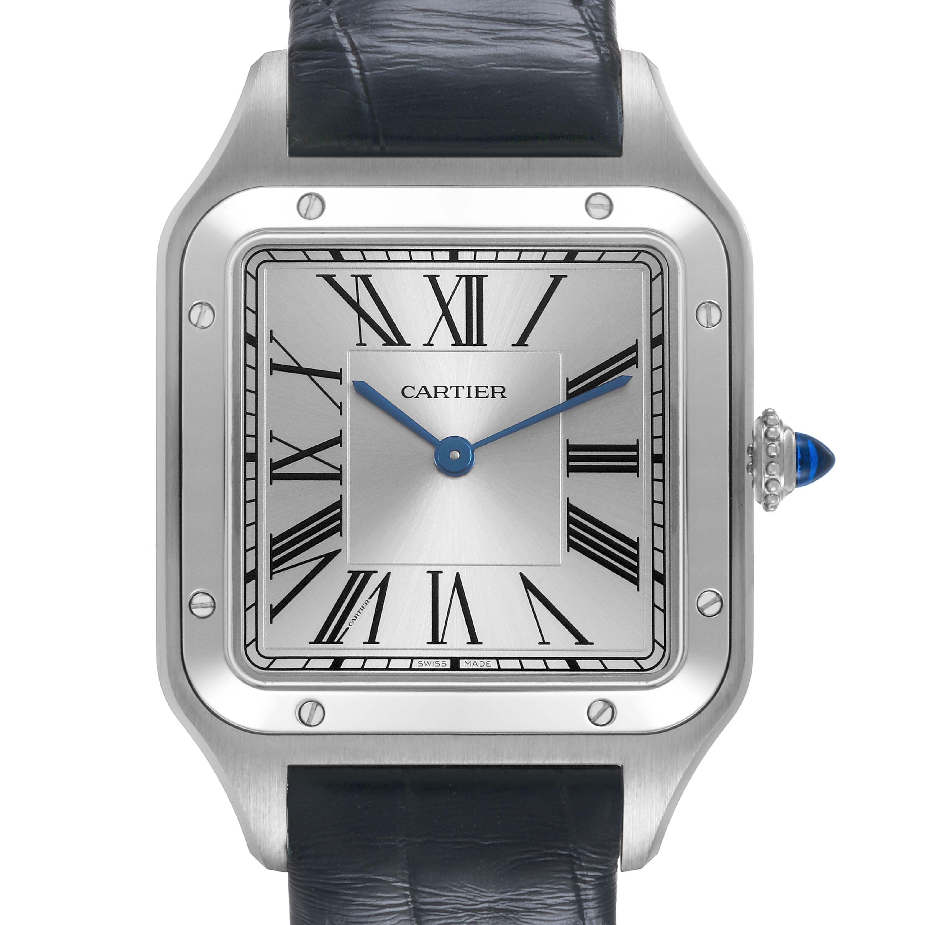 The Cartier Santos Dumont WSSA0085 Men's Stainless Steel Silver Dial watch is shown from a front view, highlighting the dial, Roman numerals, and crown with a blue cabochon.
