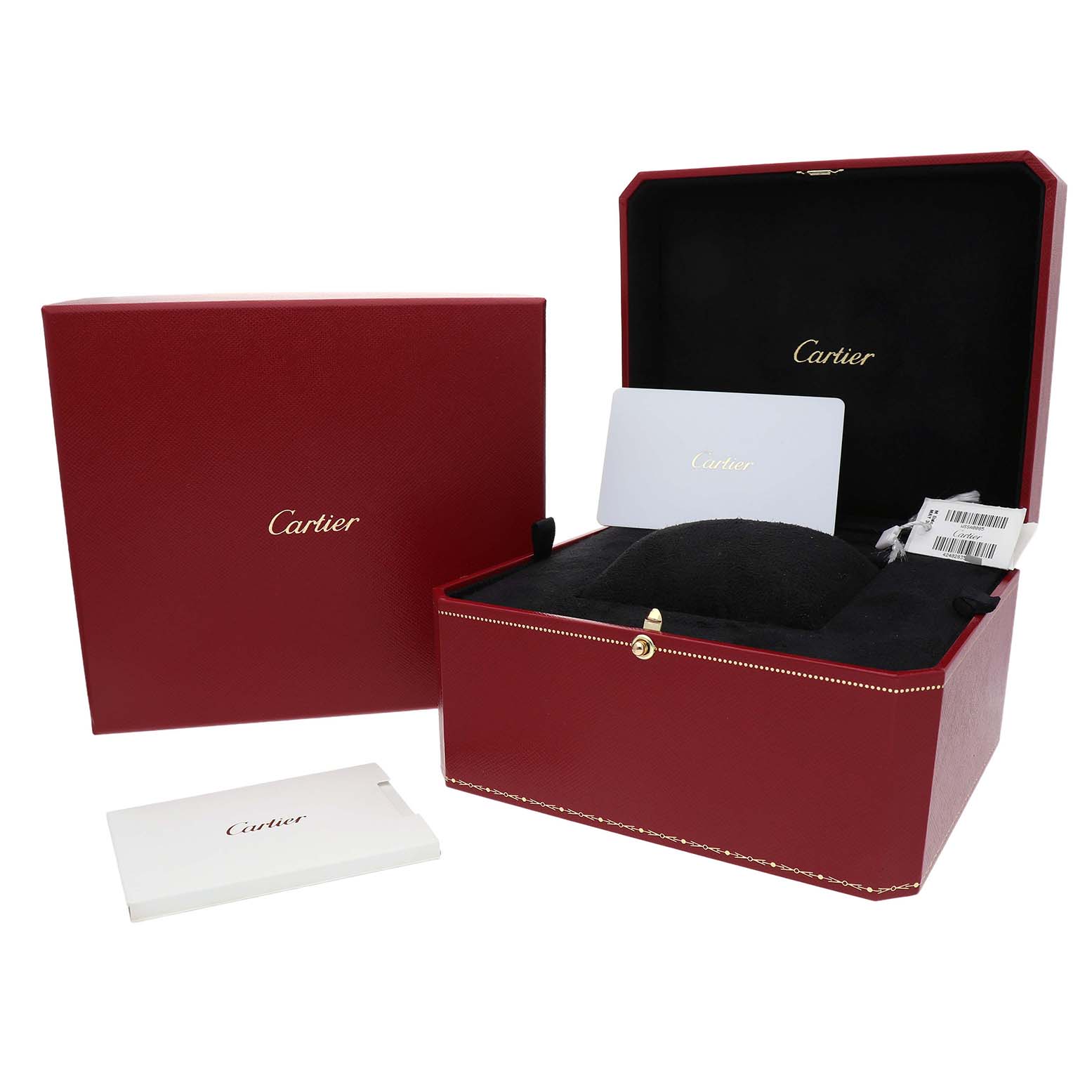 The image shows the open red Cartier Santos Dumont WSSA0085 Men's Stainless Steel Silver Dial watch box, outer box, and paperwork, angled from the front.