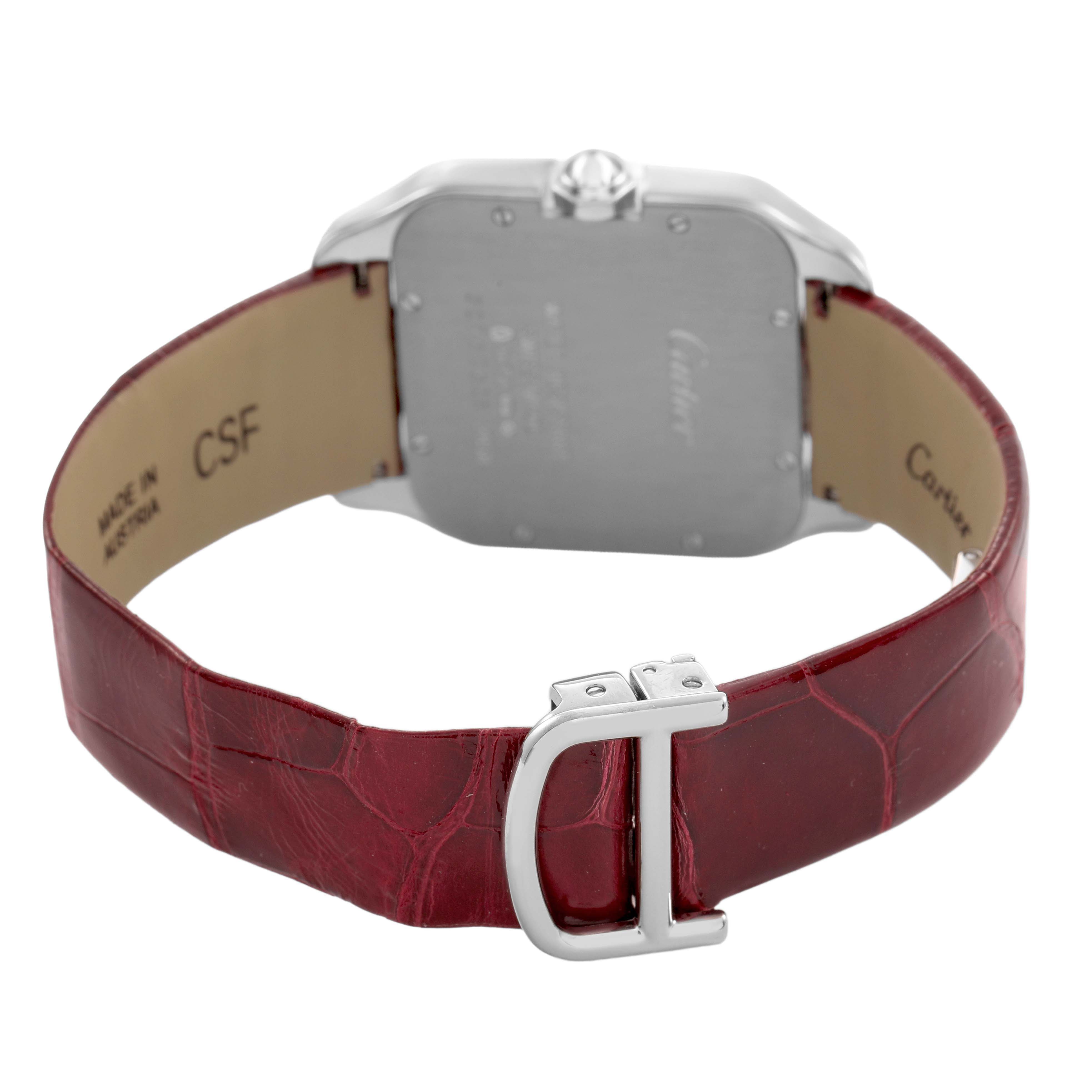 The image shows the back view of a Cartier Santos Dumont WH100251 Men's White Gold Silver Dial, highlighting the rear case and red leather strap with a clasp.