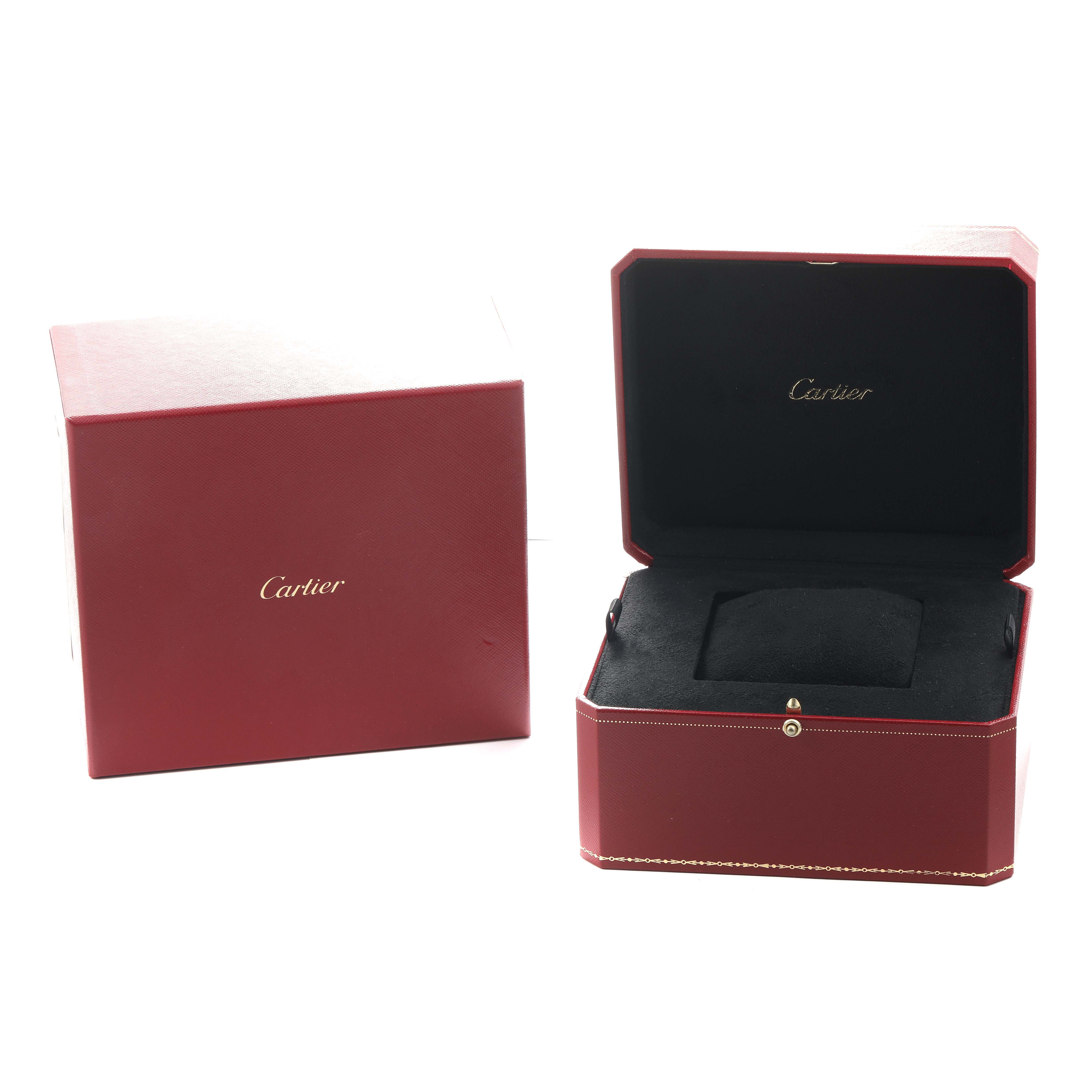 The image shows the open and closed presentation boxes for the Cartier Santos Dumont WH100251 Men's White Gold Silver Dial watch, highlighting its packaging.