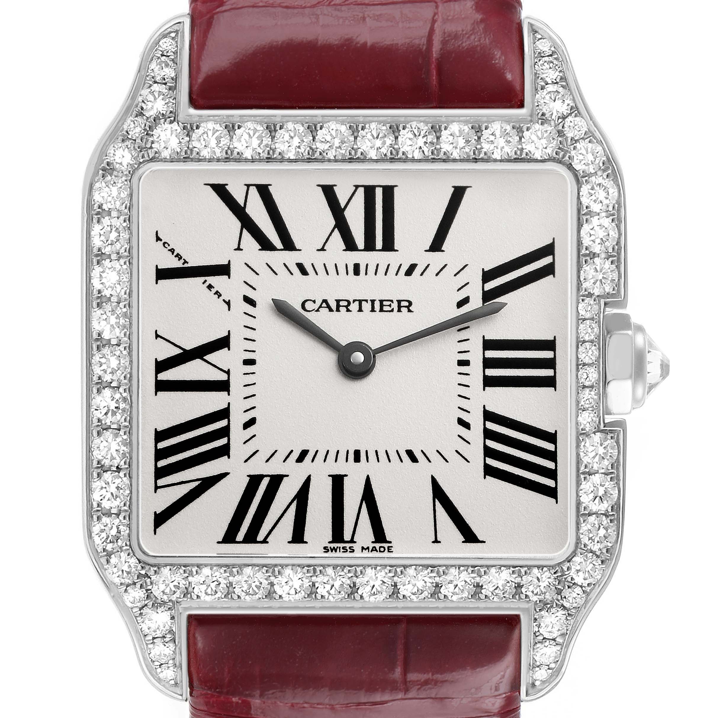 The Cartier Santos Dumont WH100251 Men's White Gold Silver Dial watch is shown from the front, highlighting its diamond bezel, dial, and red leather strap.