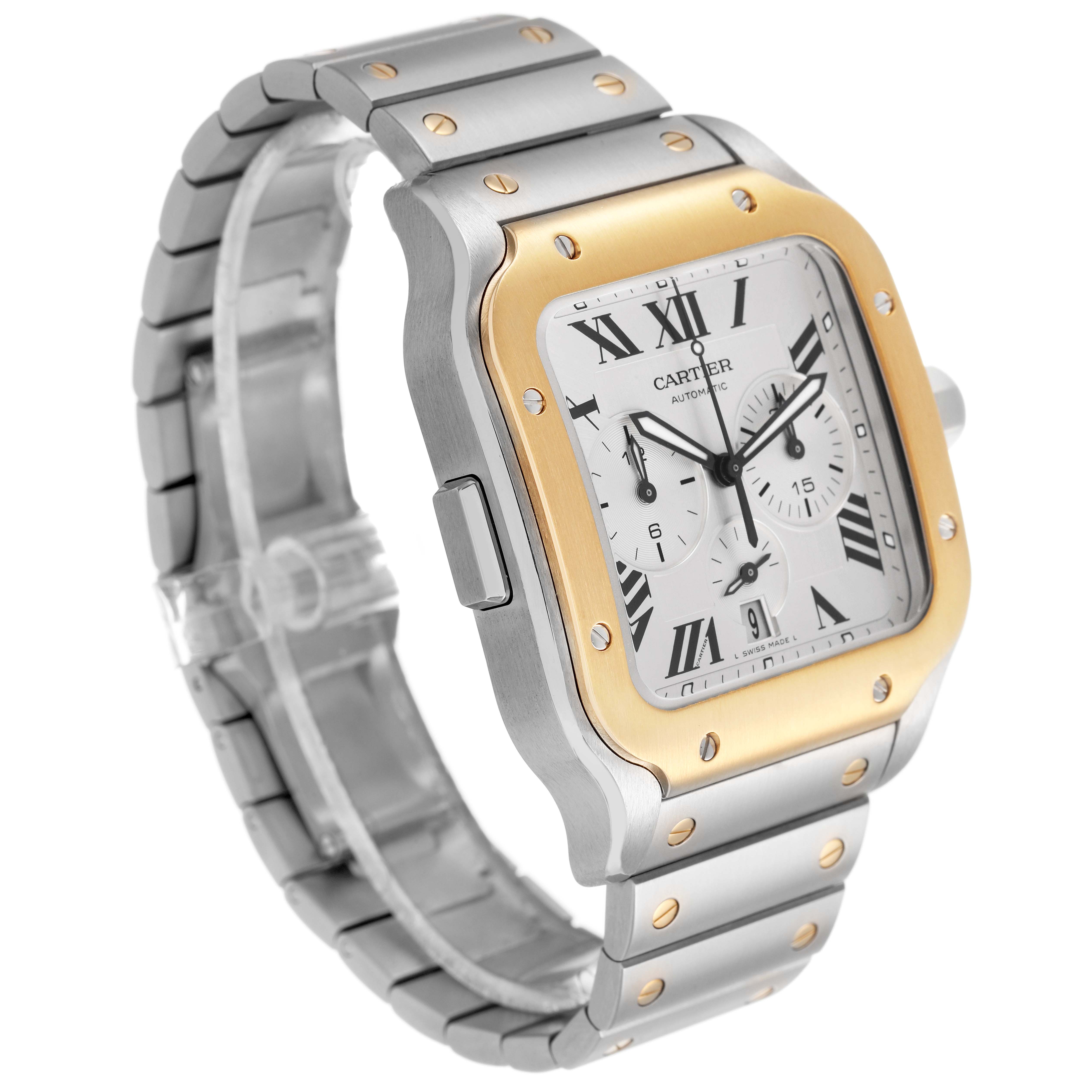 The Cartier Santos W2SA0008 Men's Stainless Steel Silver Dial watch is shown at a three-quarter angle, highlighting the case, bezel, dial, and bracelet.
