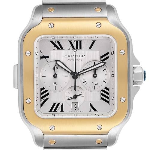 The Cartier Santos W2SA0008 Men's Stainless Steel Silver Dial watch is shown from a front angle, highlighting the case, bezel, and dial details.