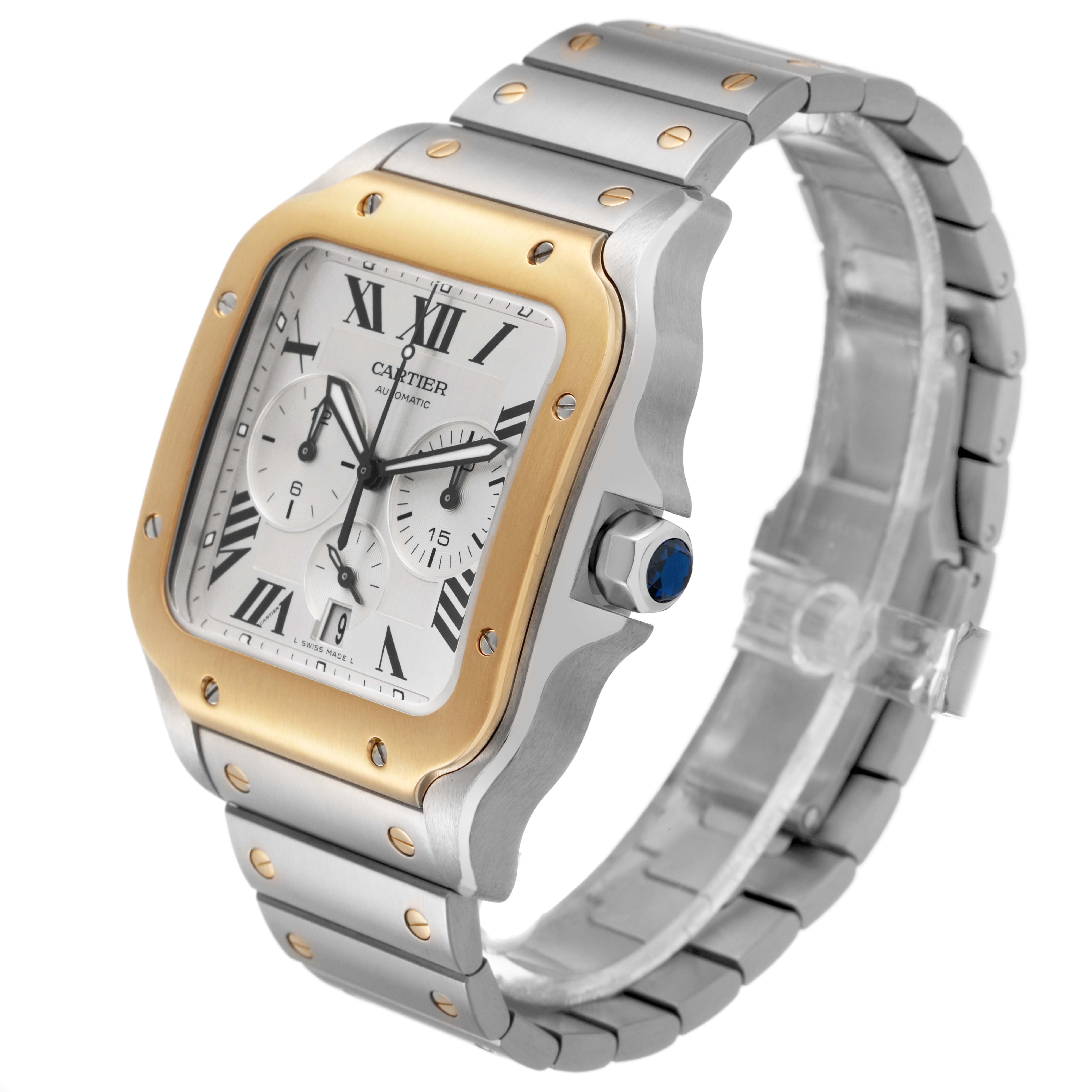 The Cartier Santos W2SA0008 Men's Stainless Steel Silver Dial watch is shown from a front side angle, highlighting its gold bezel, silver bracelet, and dial with Roman numerals.