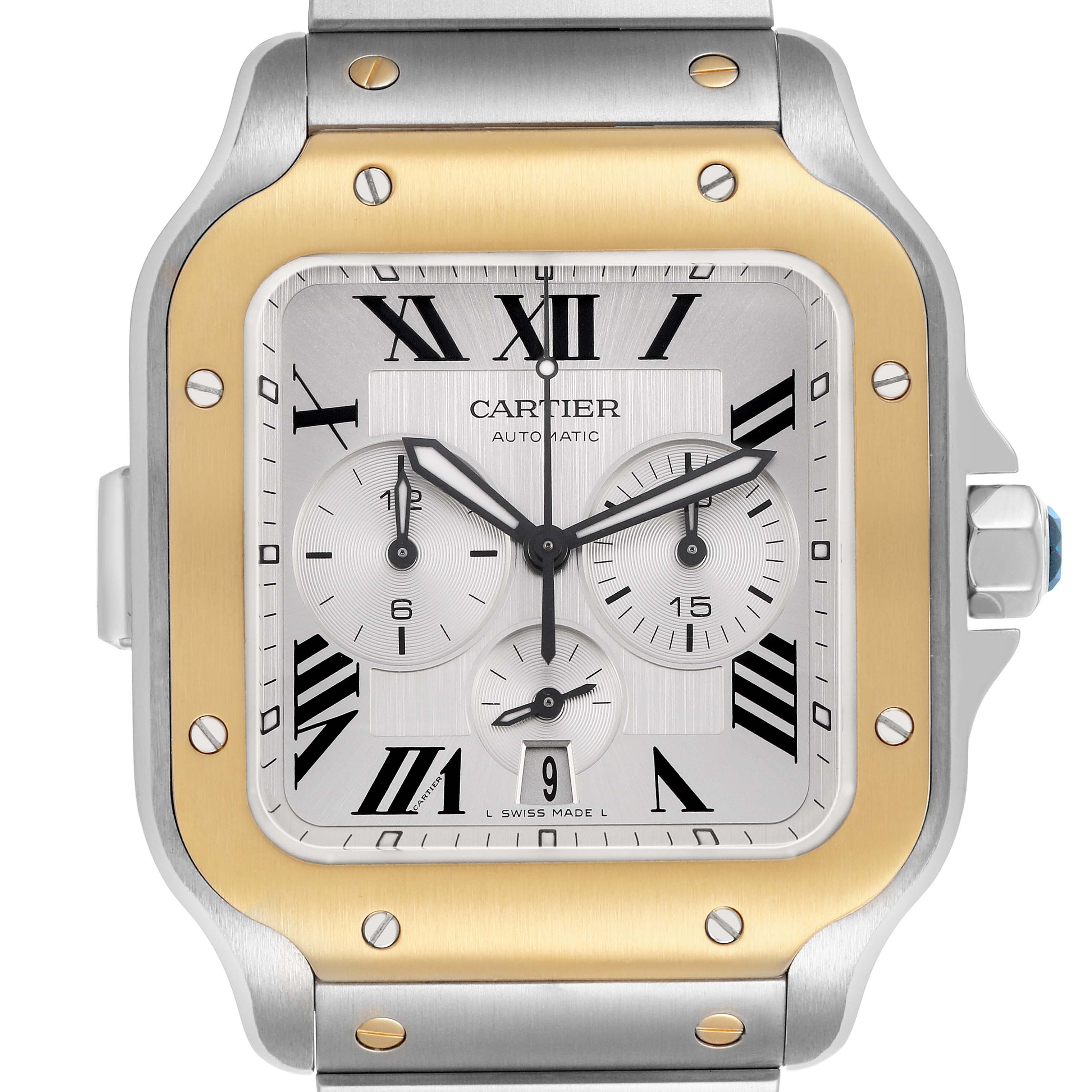The Cartier Santos W2SA0008 Men's Stainless Steel Silver Dial watch is shown from the front, highlighting its face, bezel, and part of the bracelet.