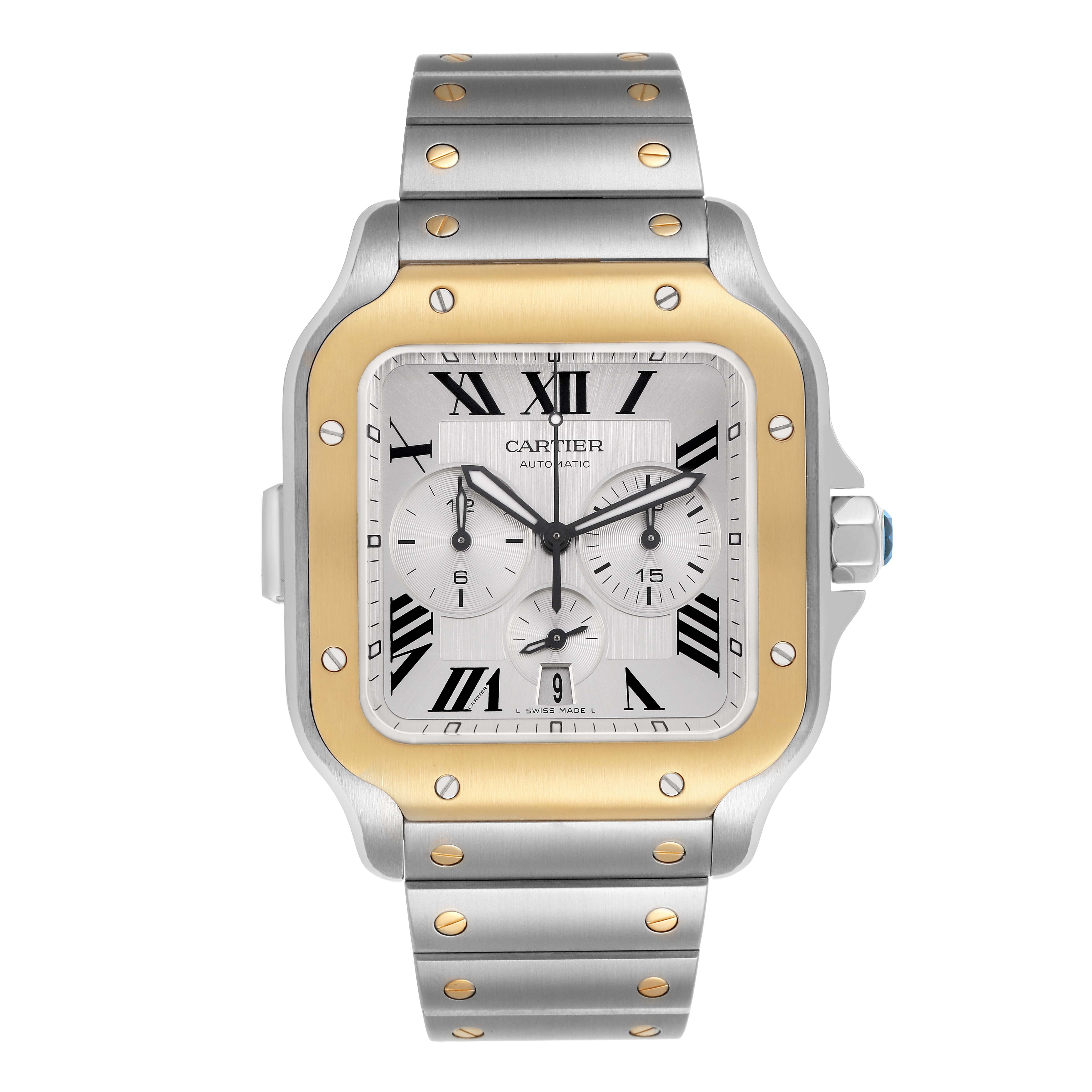 The Cartier Santos W2SA0008 Men's Stainless Steel Silver Dial watch is shown from a frontal angle, highlighting the dial, bezel, and bracelet details.