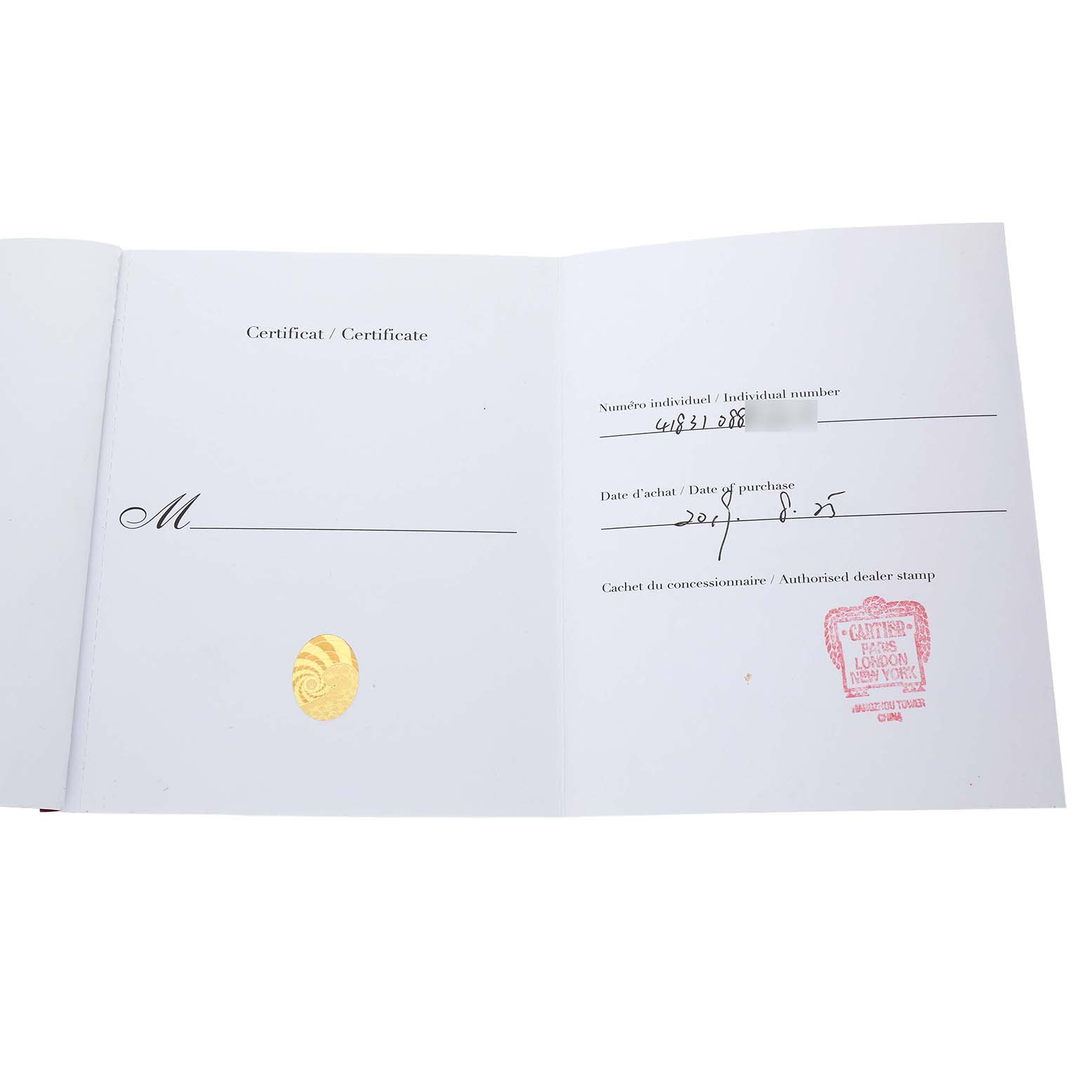 The image shows a certificate for the Santos model by Cartier, featuring handwritten details and a dealer stamp.