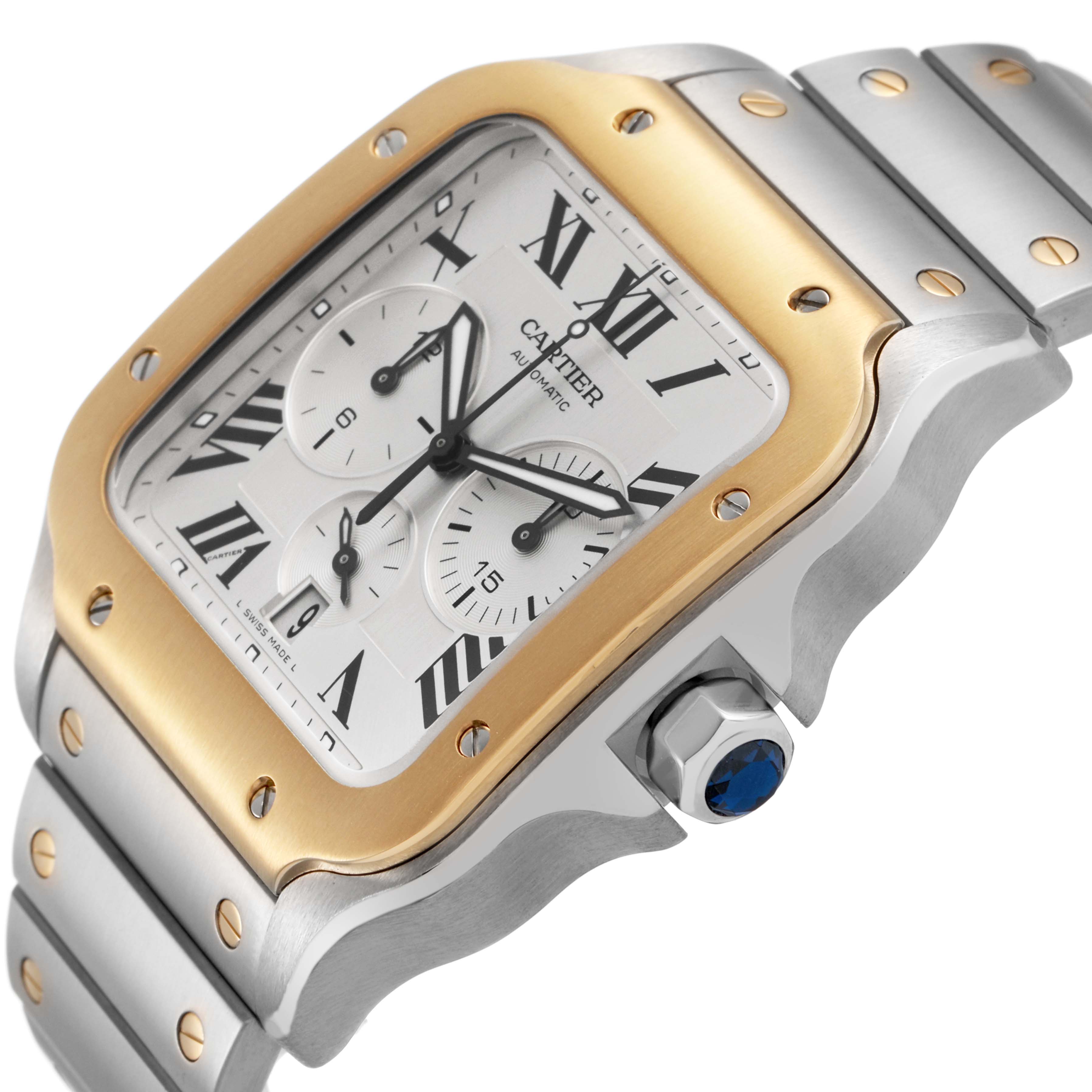 The Cartier Santos W2SA0008 Men's Stainless Steel Silver Dial watch is shown from an oblique angle, highlighting the square face, gold bezel, and bracelet links.