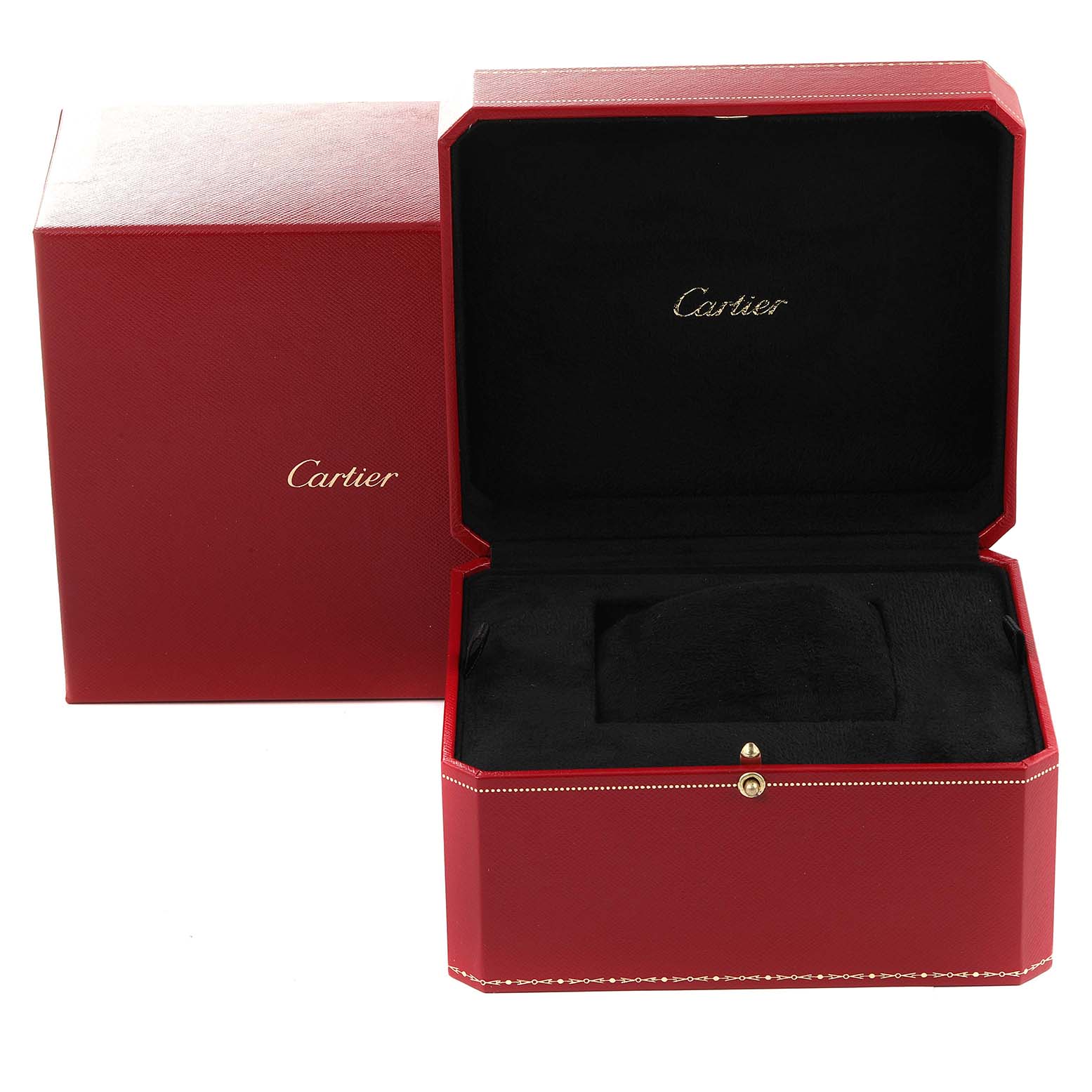 The image shows an open red Cartier watch box with a black velvet interior, designed for the Tank Americaine model.
