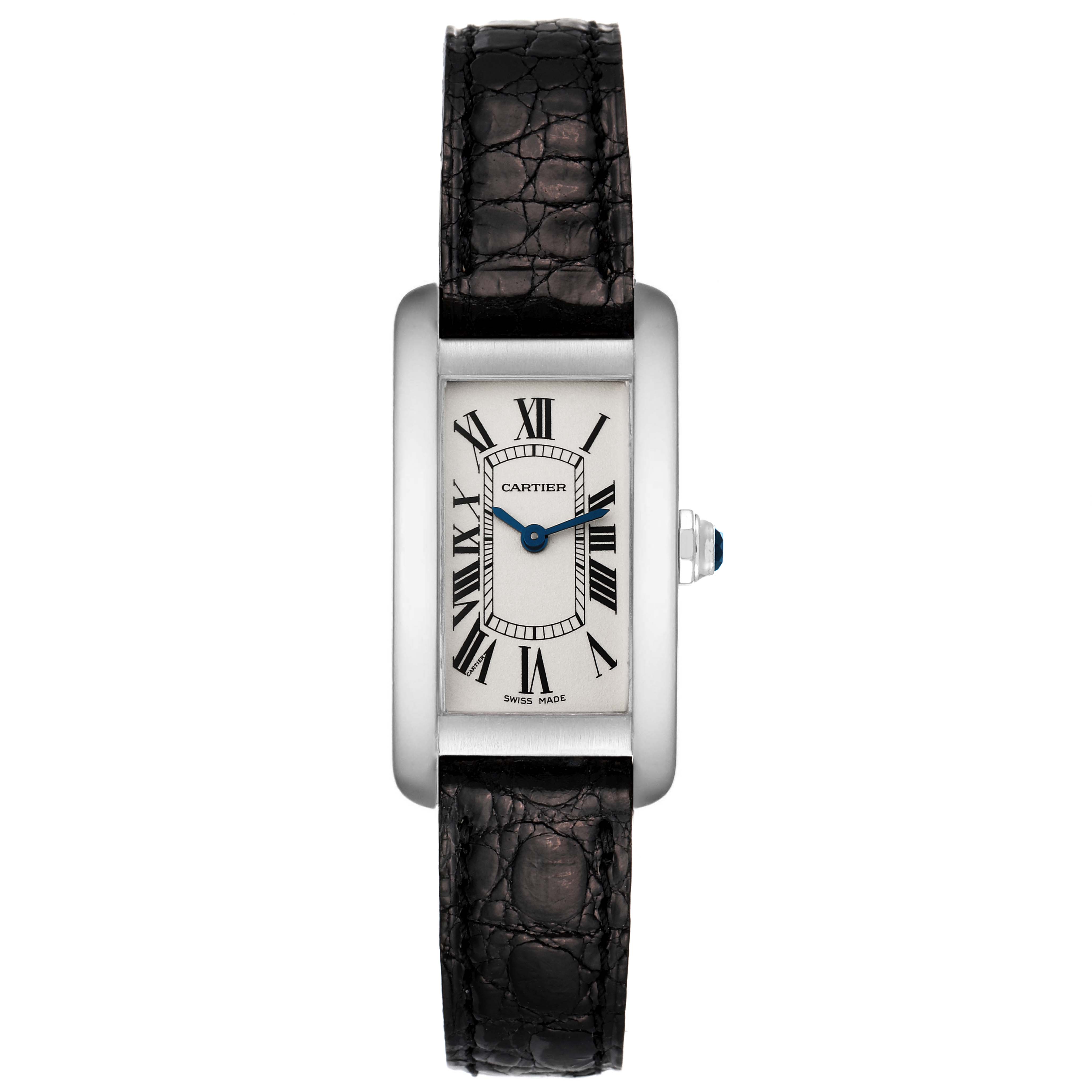 The image shows a frontal view of the Cartier Tank Americaine W2601956 Women's White Gold Silver Dial W2601956 Women's White Gold Silver Dial watch, displaying its dial, case, and leather strap.