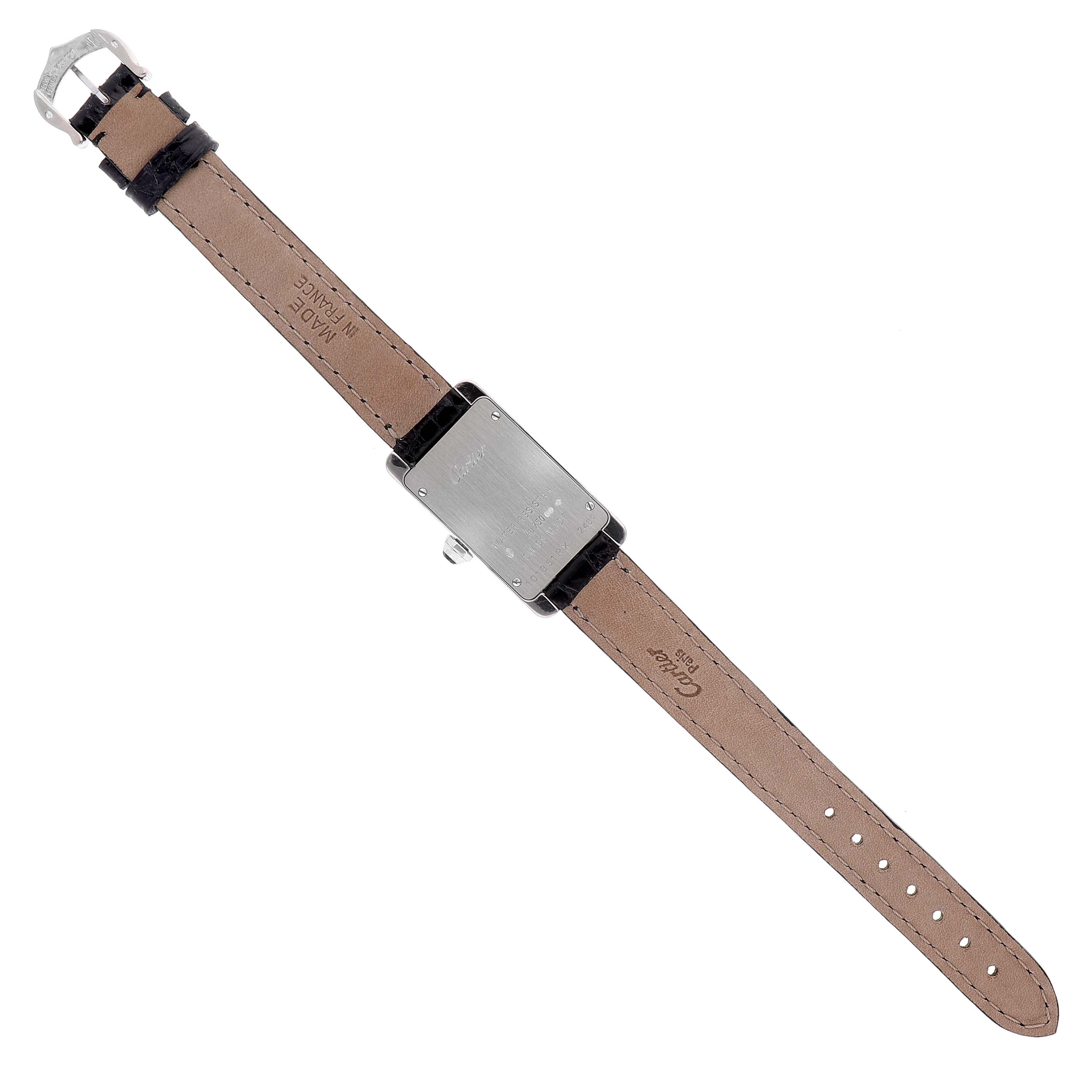 This image shows the back view of a Cartier Tank Americaine W2601956 Women's White Gold Silver Dial W2601956 Women's White Gold Silver Dial watch, displaying its case back and leather strap.