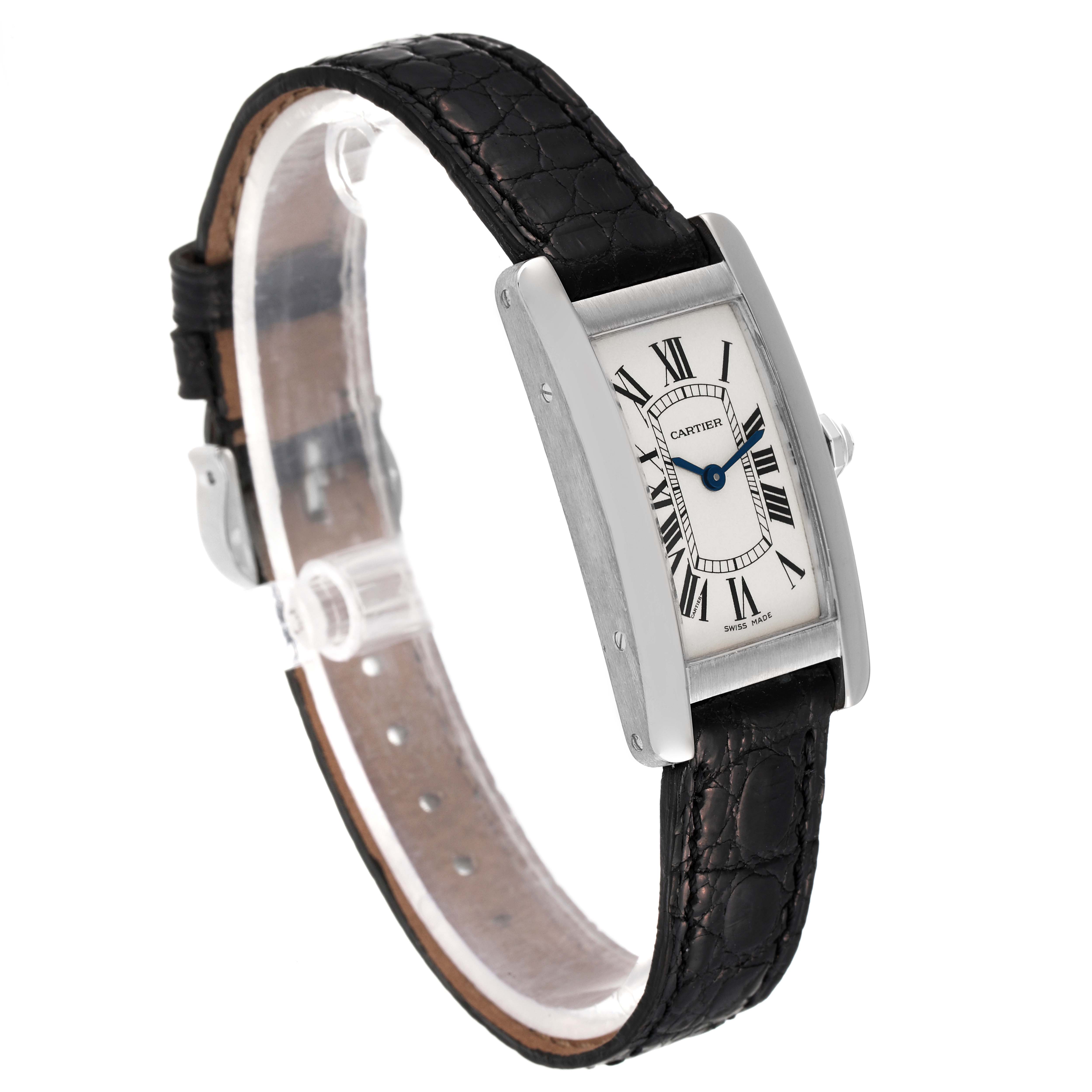 This image shows a side view of the Cartier Tank Americaine W2601956 Women's White Gold Silver Dial W2601956 Women's White Gold Silver Dial watch with its face and black leather strap visible.