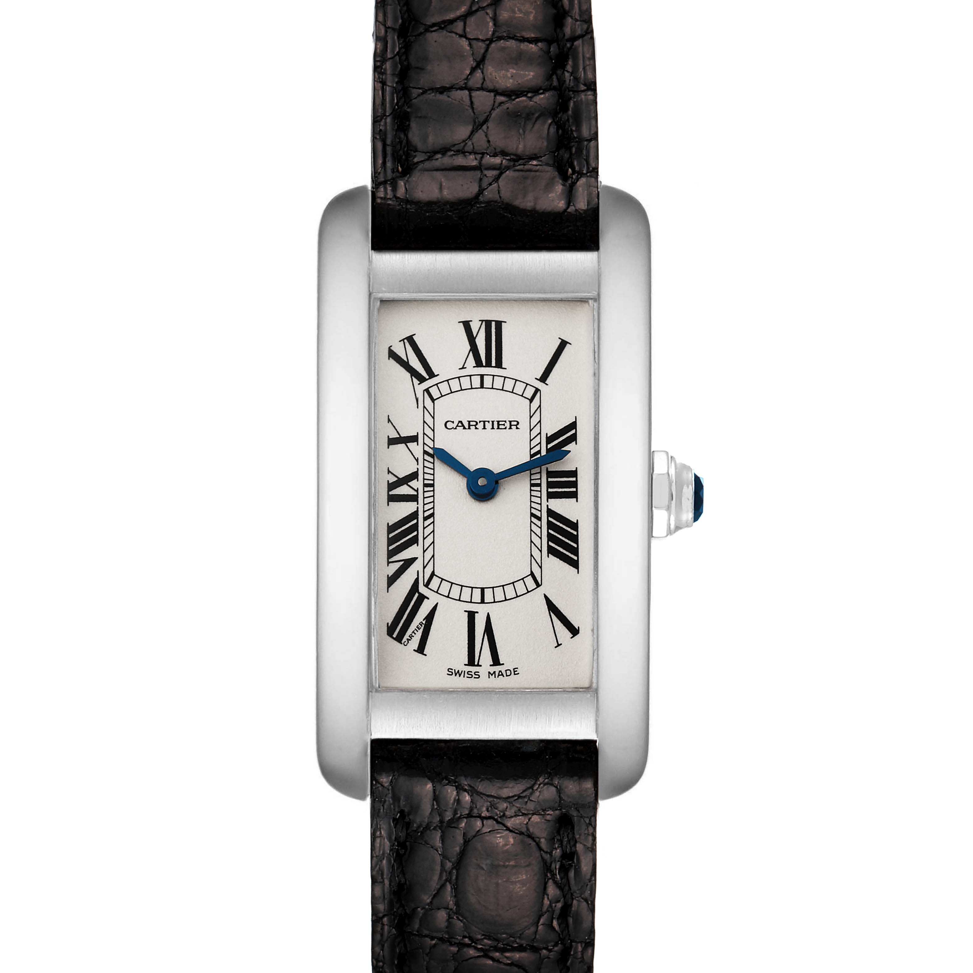 The image shows a Cartier Tank Américaine watch from a front angle, displaying the dial, hands, and strap.
