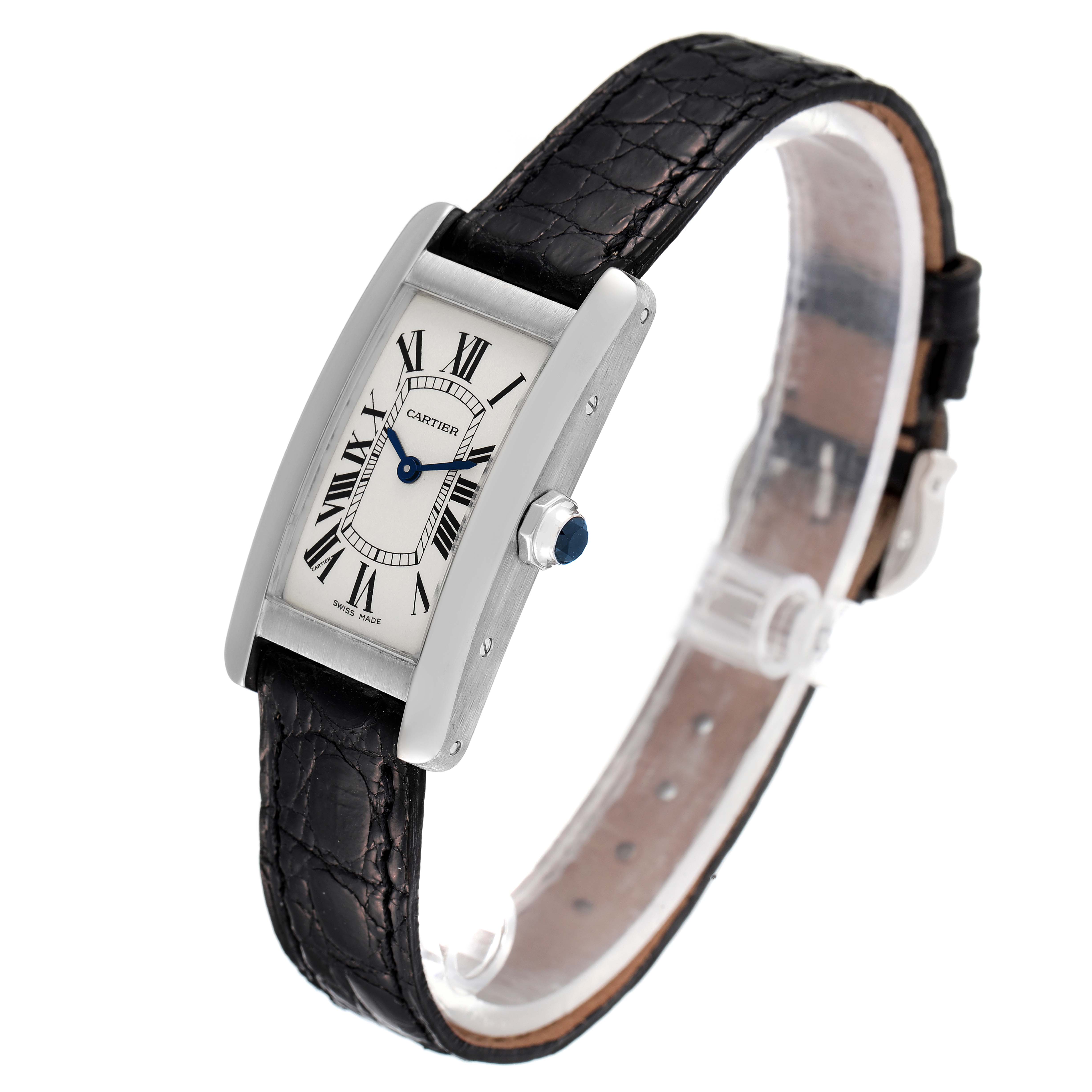 This image shows the Cartier Tank Américaine watch at an angled side view, highlighting its rectangular face, black leather strap, and sapphire crown.