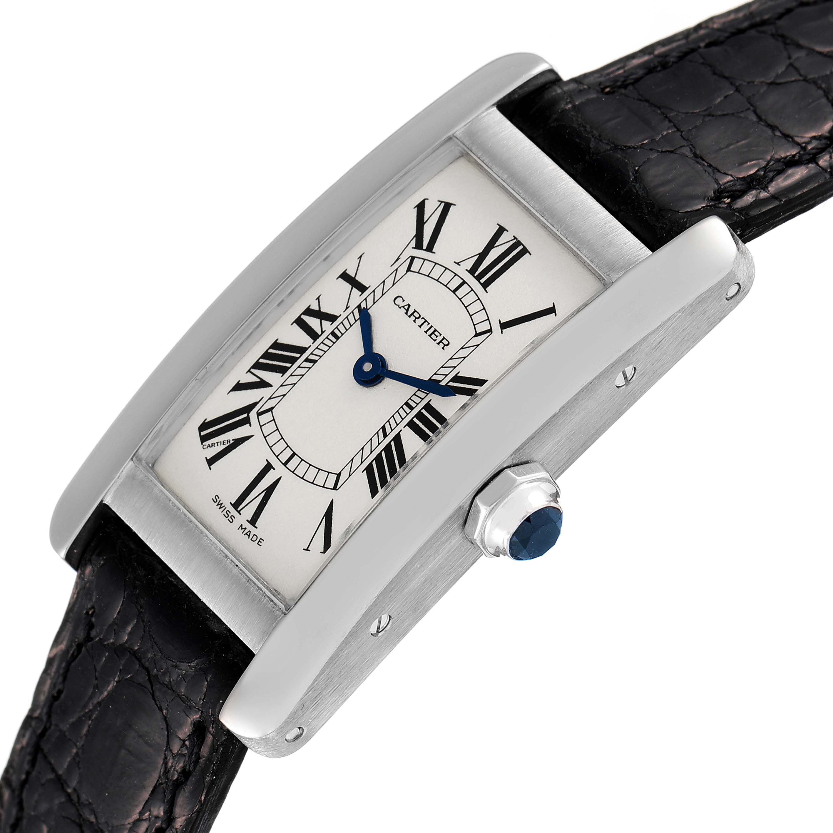 The image shows a Cartier Tank Américaine watch at an angle, highlighting the front face, crown, and leather strap.