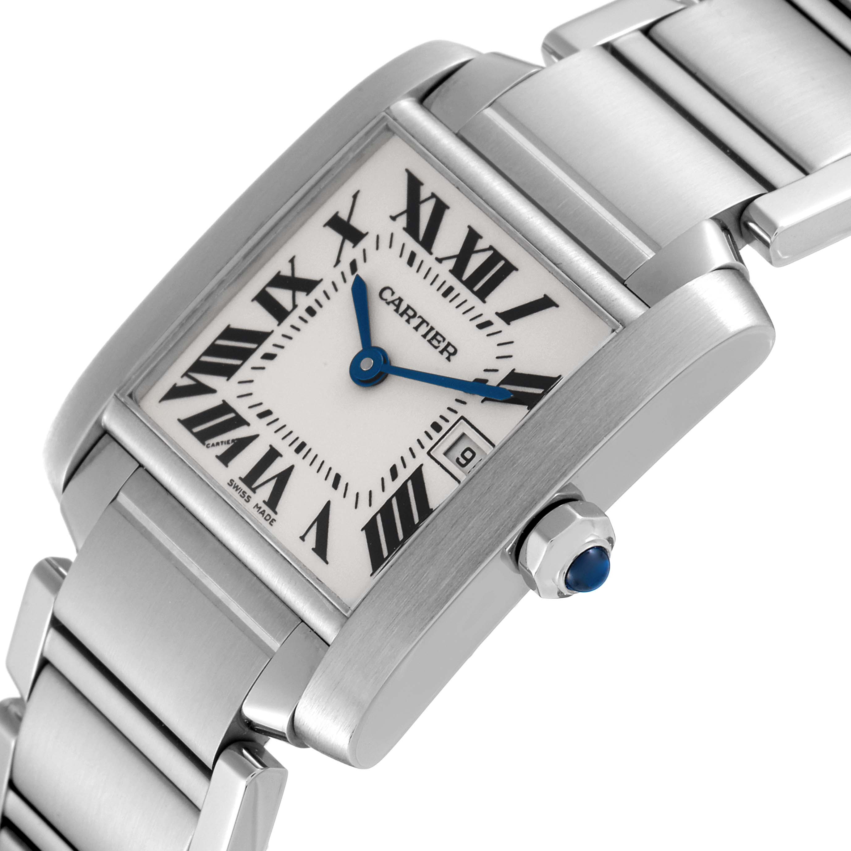 The Cartier Tank Francaise W51011Q3 Women's Stainless Steel Silver Dial W51011Q3 Women's Stainless Steel Silver Dial watch is shown at a slight angle, focusing on the face, bezel, crown, and part of the bracelet.