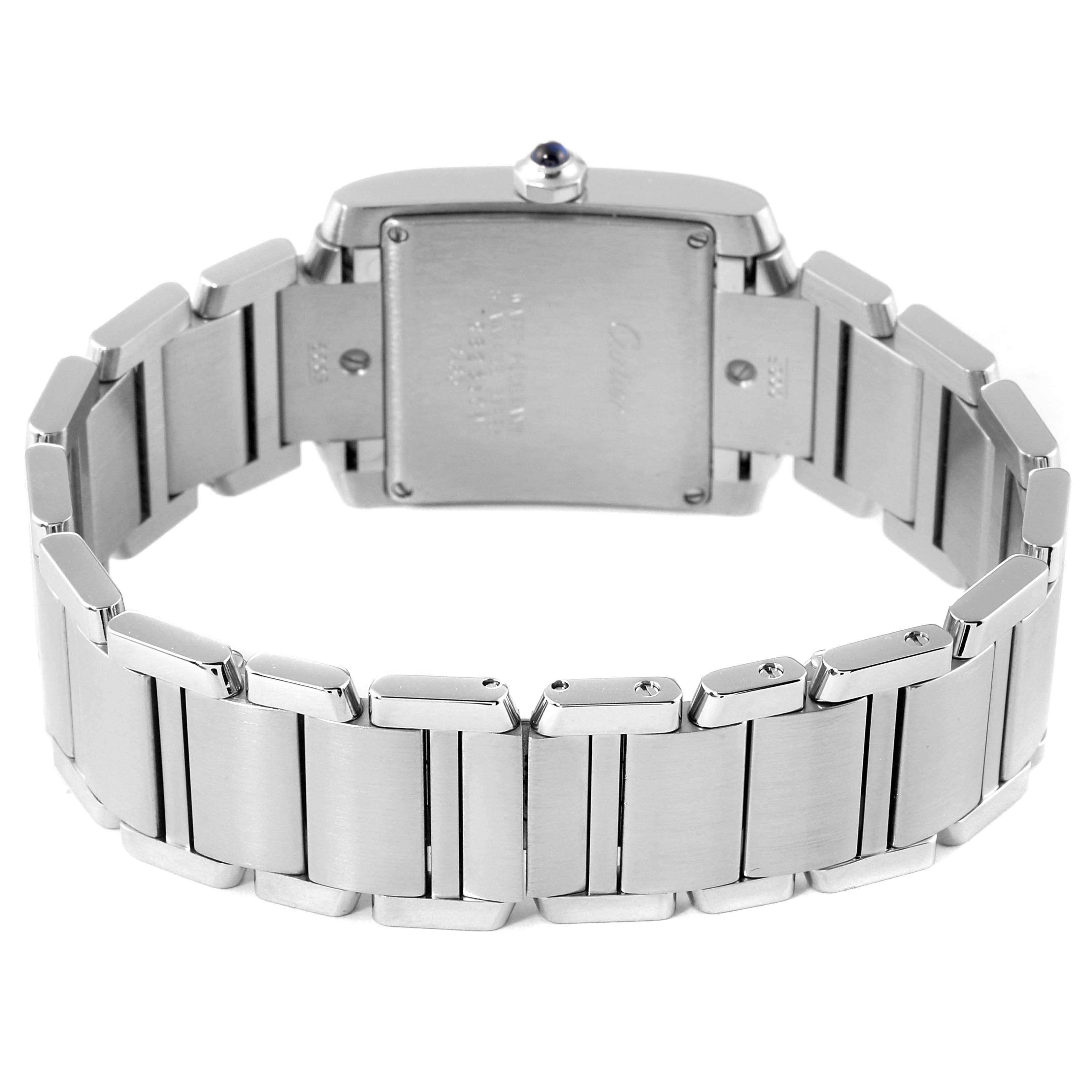 This image shows the back view of the Tank Francaise model watch by Cartier, highlighting the bracelet and case back.