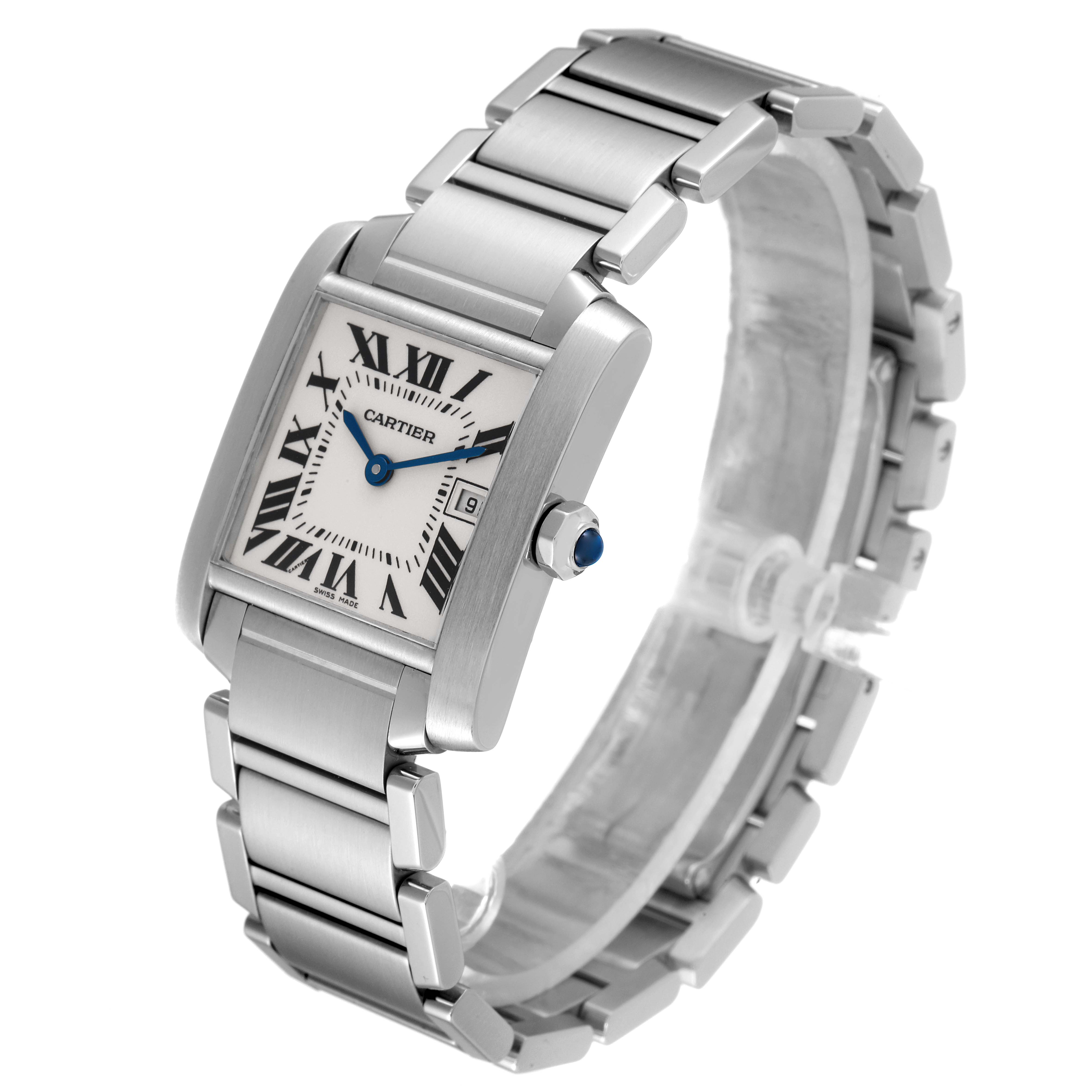 The Cartier Tank Française watch is shown at a slight angle, revealing its rectangular face, Roman numerals, and metal bracelet.