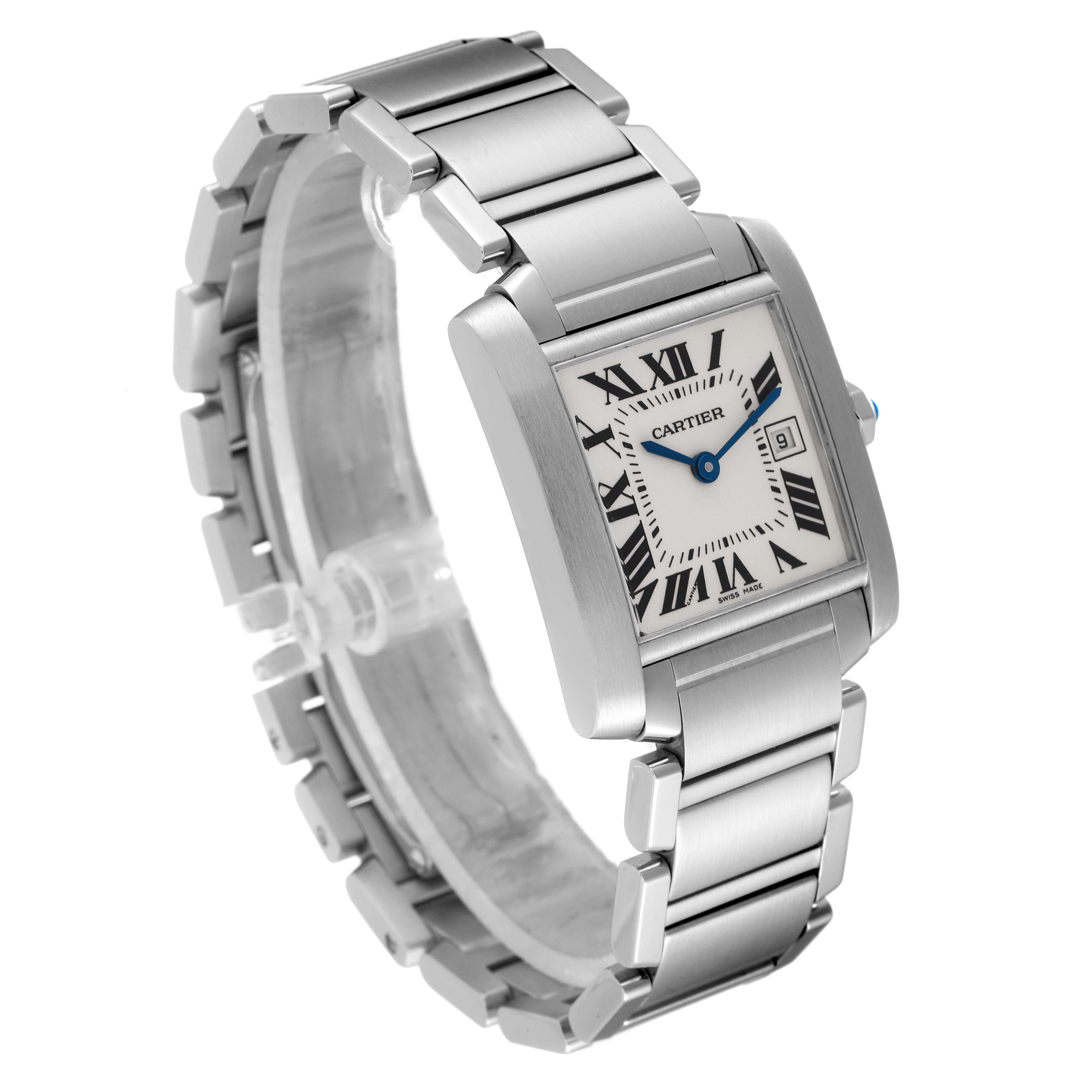 The image shows a Cartier Tank Francaise W51011Q3 Women's Stainless Steel Silver Dial W51011Q3 Women's Stainless Steel Silver Dial watch from an oblique angle, highlighting its bracelet, dial, and crown.