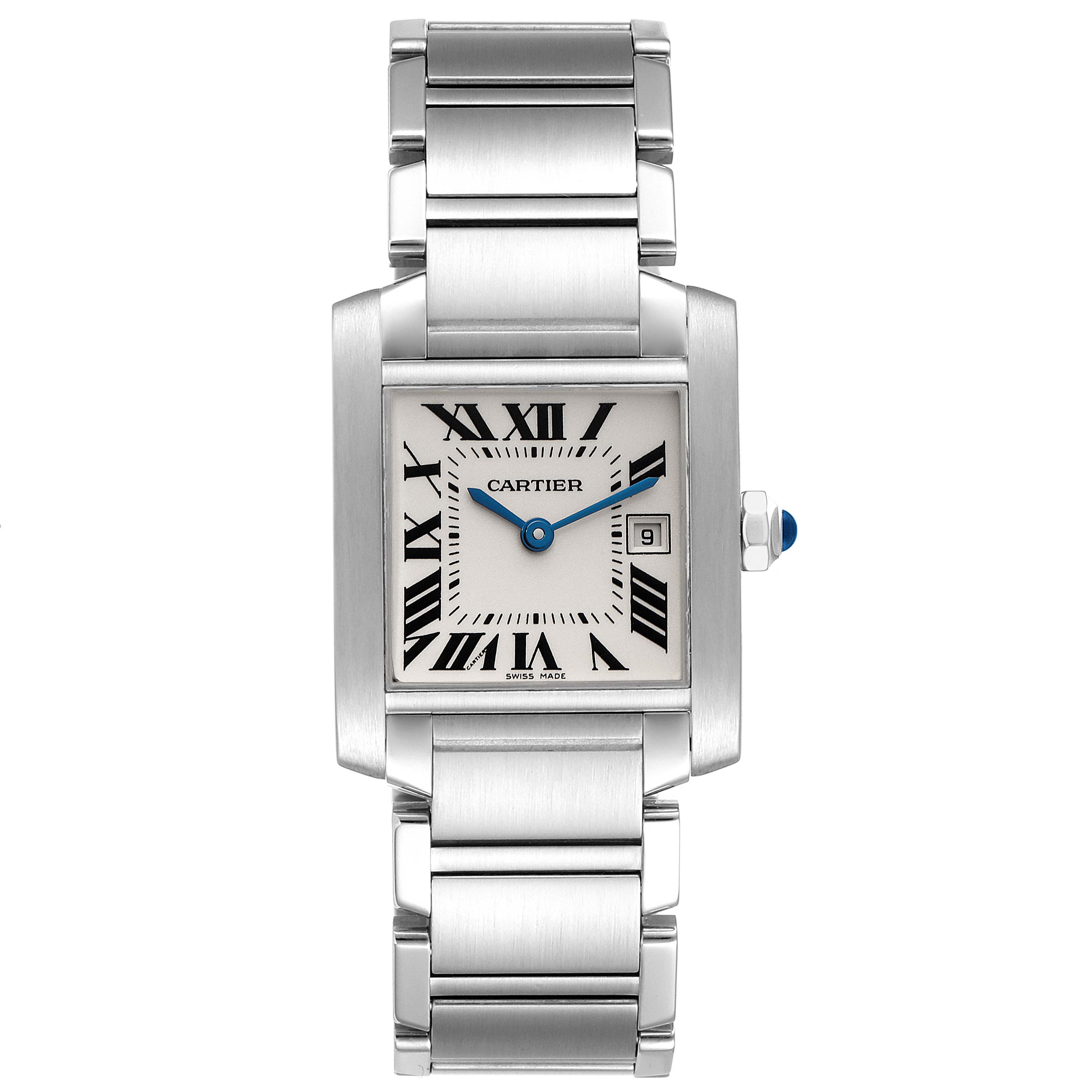 This image shows a front angle of the Cartier Tank Francaise W51011Q3 Women's Stainless Steel Silver Dial W51011Q3 Women's Stainless Steel Silver Dial watch, displaying its rectangular face, Roman numerals, and metal bracelet.