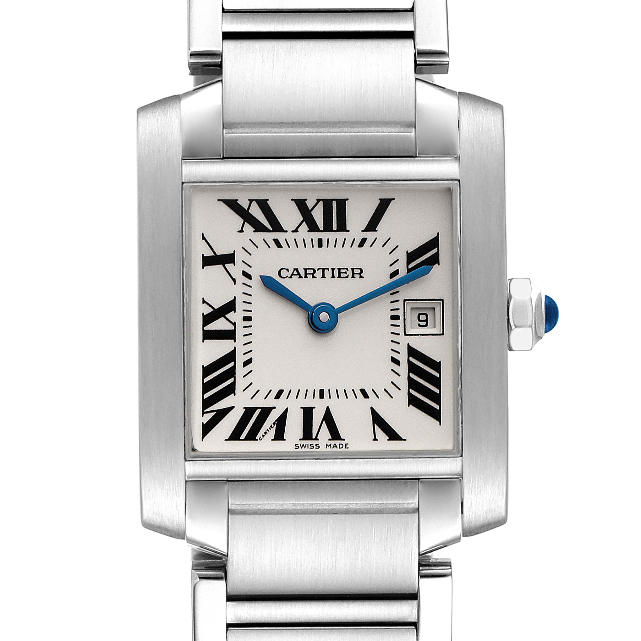 The image shows a front view of the Cartier Tank Française watch, displaying the face, bracelet, and crown.
