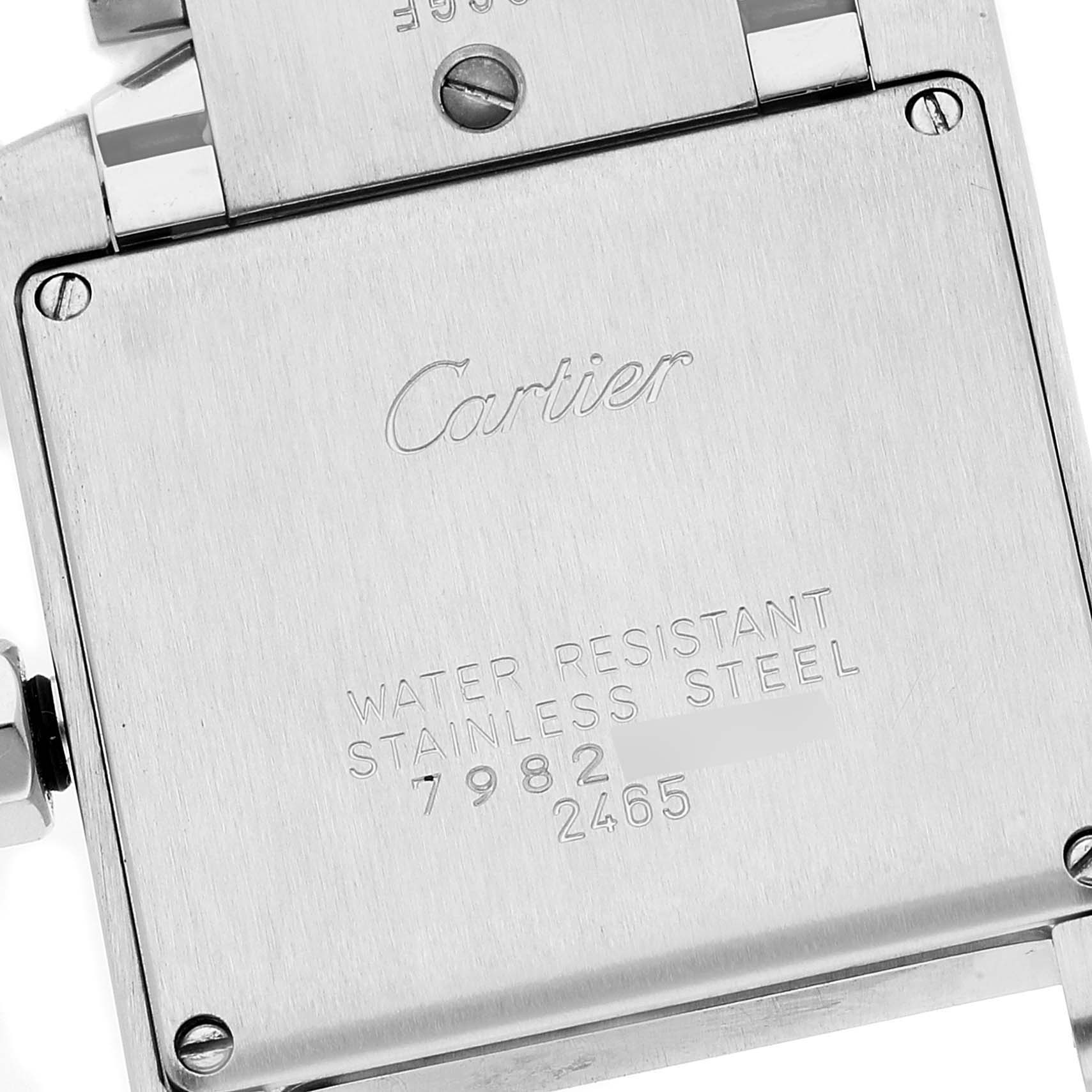 This image shows the back case of the Cartier Tank Francaise W51011Q3 Women's Stainless Steel Silver Dial W51011Q3 Women's Stainless Steel Silver Dial watch, highlighting the brand engraving and water resistance details.