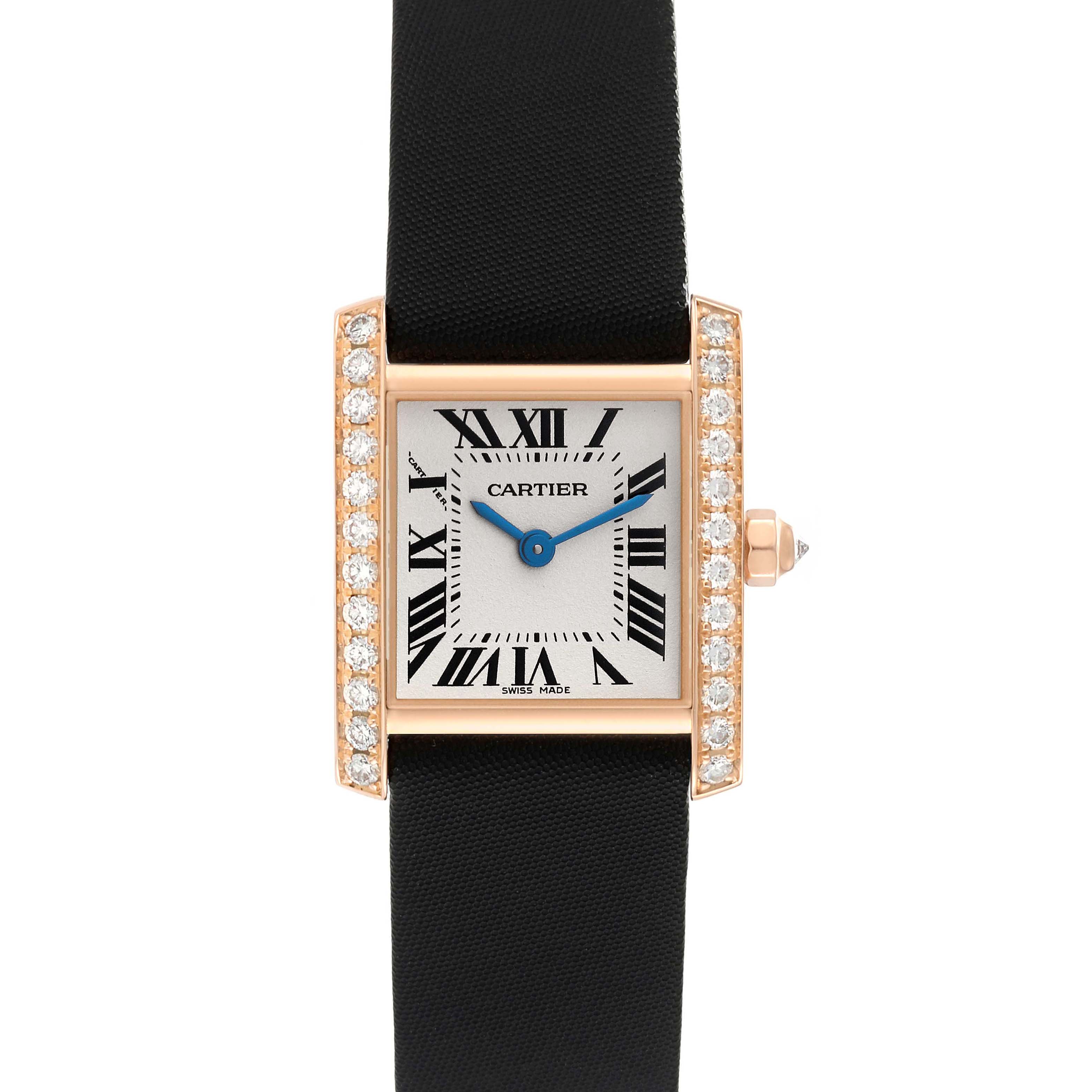 The image shows a Cartier Tank Francaise WE104531 Women
s Rose Gold Silver Dial WE104531 Women
s Rose Gold Silver Dial watch, face-on, displaying the dial, diamond-accented bezel, and a black strap.