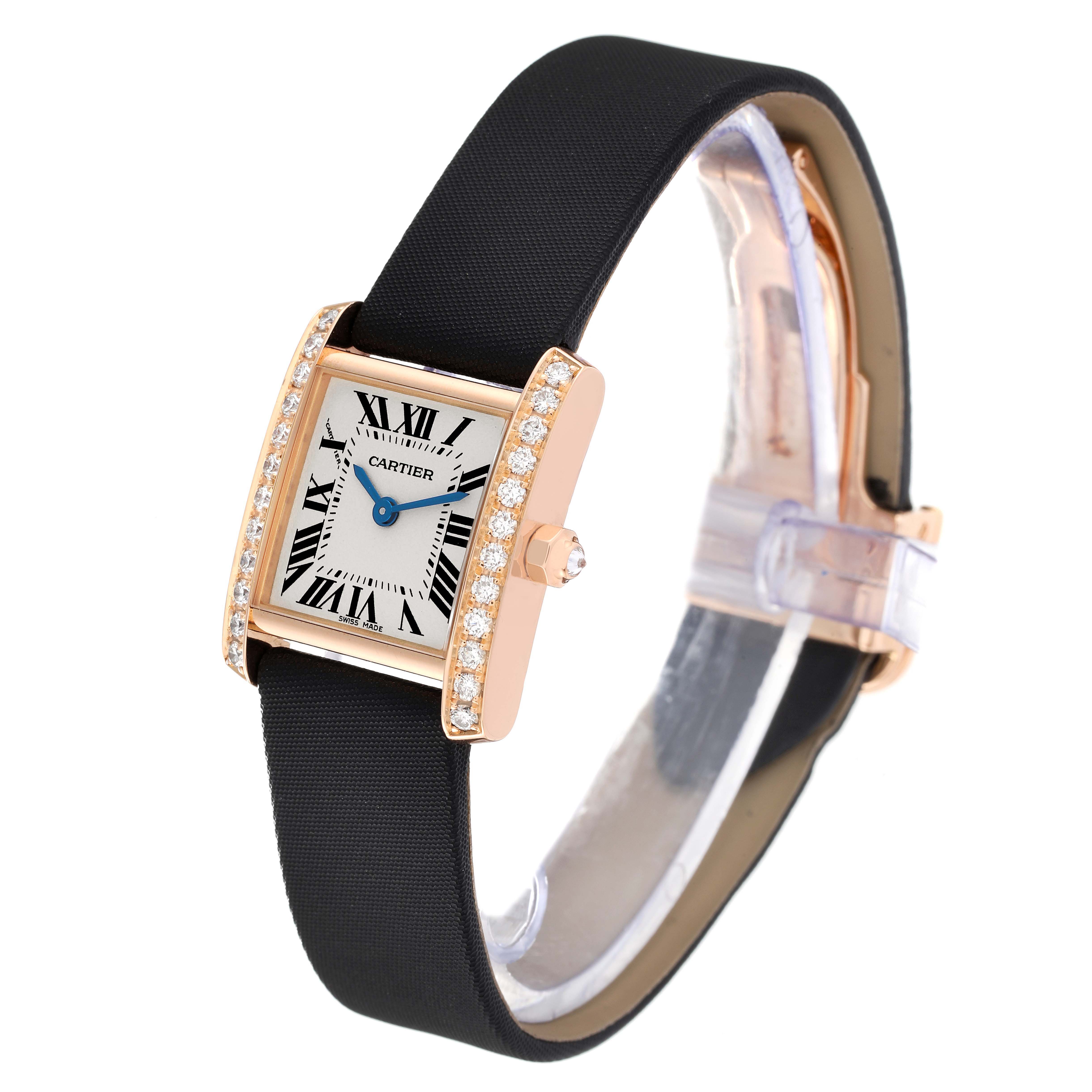The image shows a Cartier Tank Française watch at a three-quarter angle, featuring a rectangular face, diamond-set bezel, and black strap.