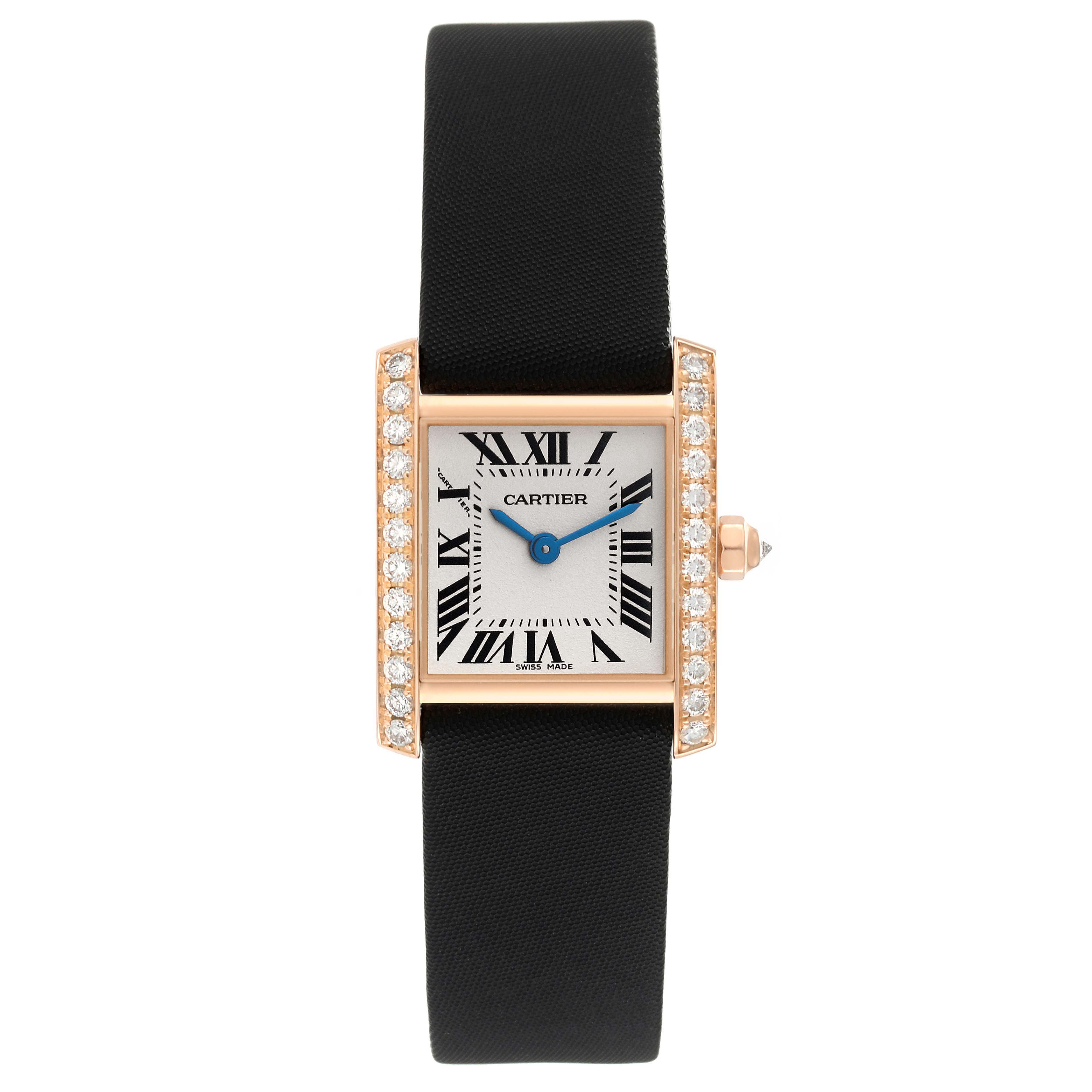 The image shows a front view of the Cartier Tank Française watch with a diamond-set bezel and black strap.