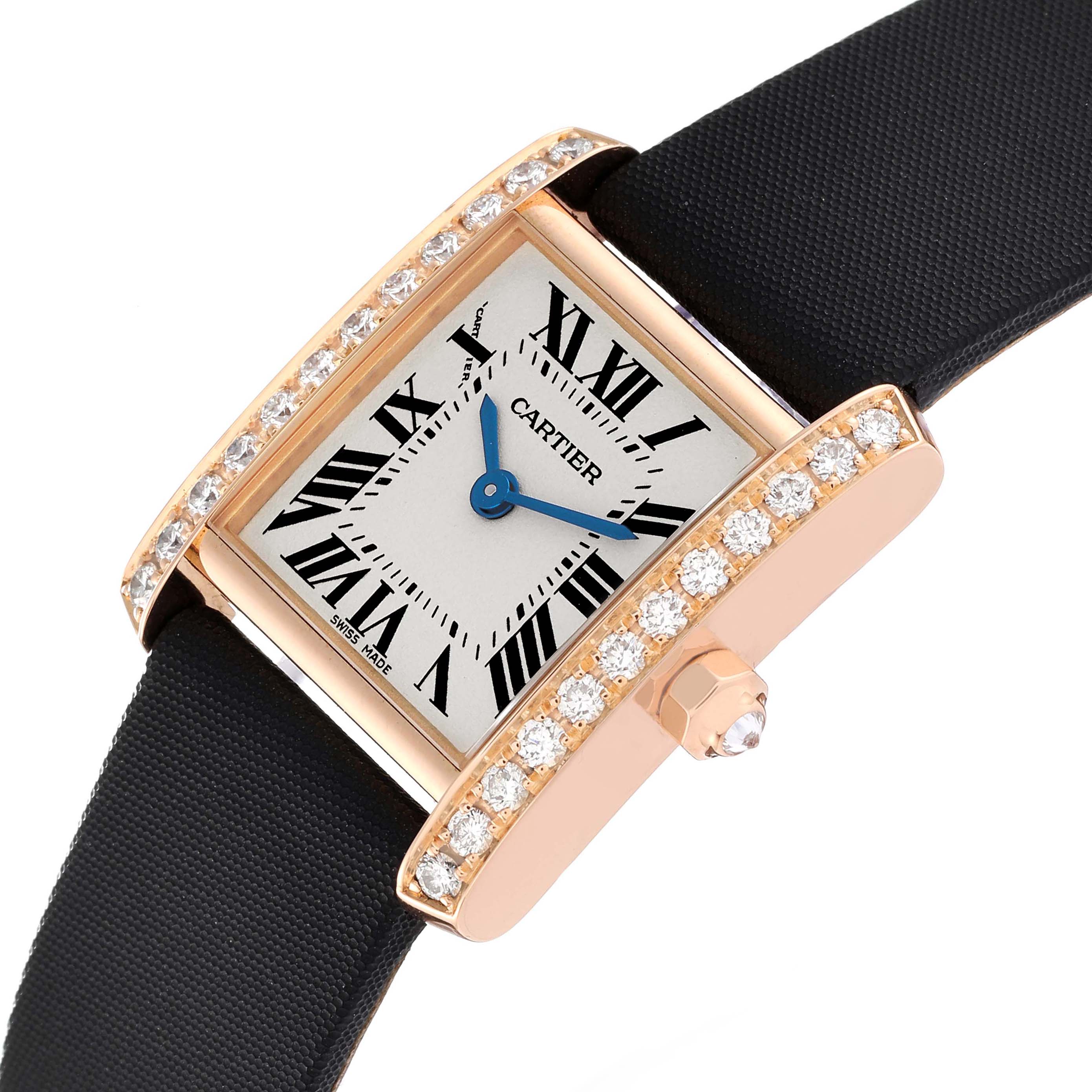 The image shows a Cartier Tank Française watch at a slight angle, highlighting its diamond-studded bezel and crown.