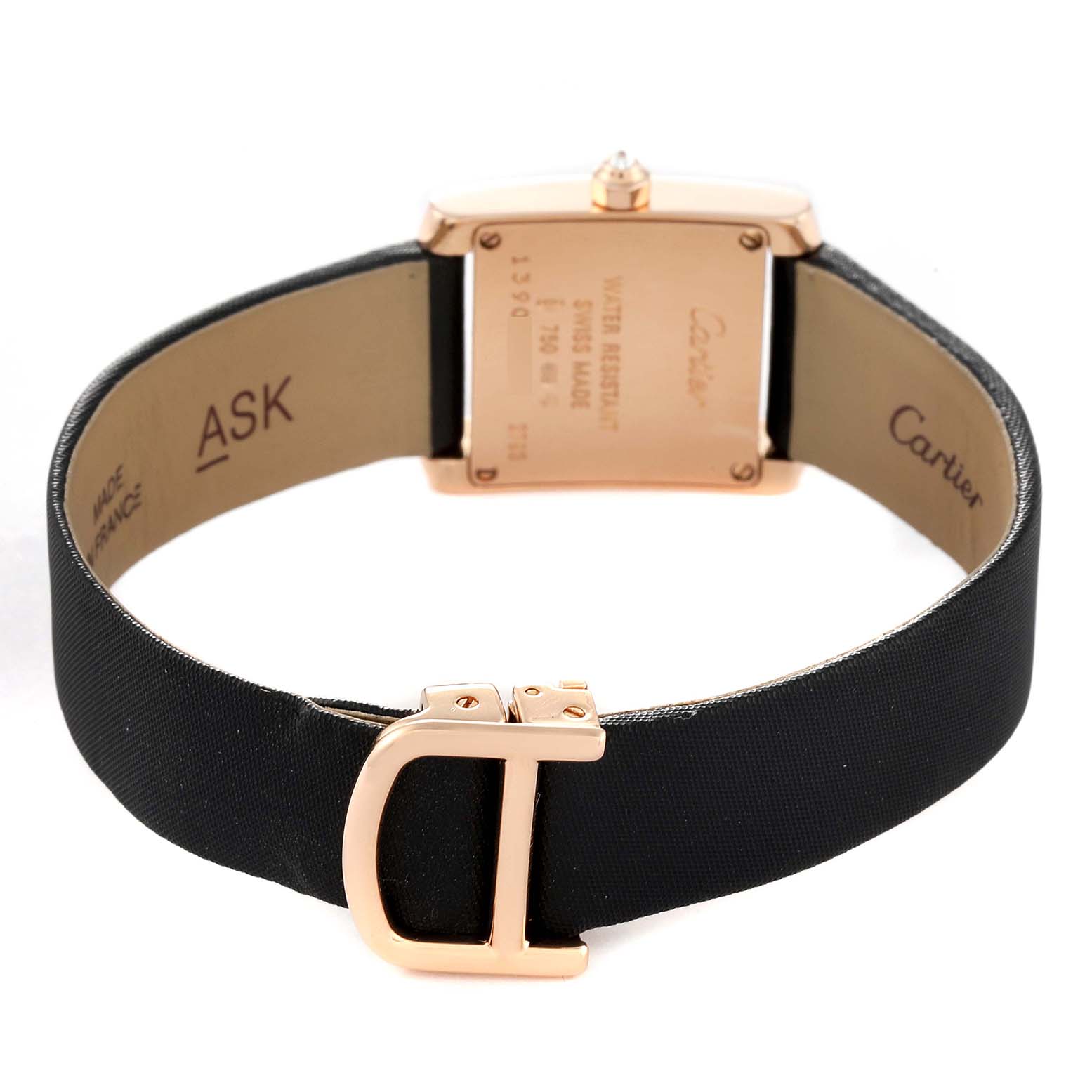 This image shows the back and strap of a Cartier Tank Francaise WE104531 Women
s Rose Gold Silver Dial WE104531 Women
s Rose Gold Silver Dial watch, with the buckle and case back clearly visible.