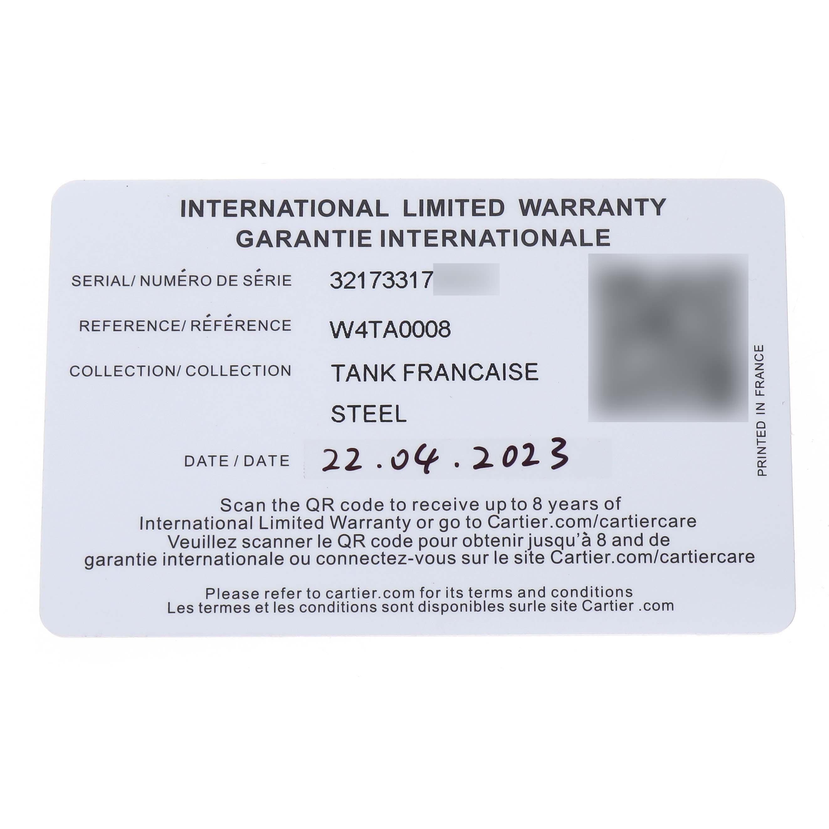 The image shows an international limited warranty card for the Cartier Tank Francaise W4TA0008 Women's Stainless Steel Silver Dial model, detailing serial and reference information.