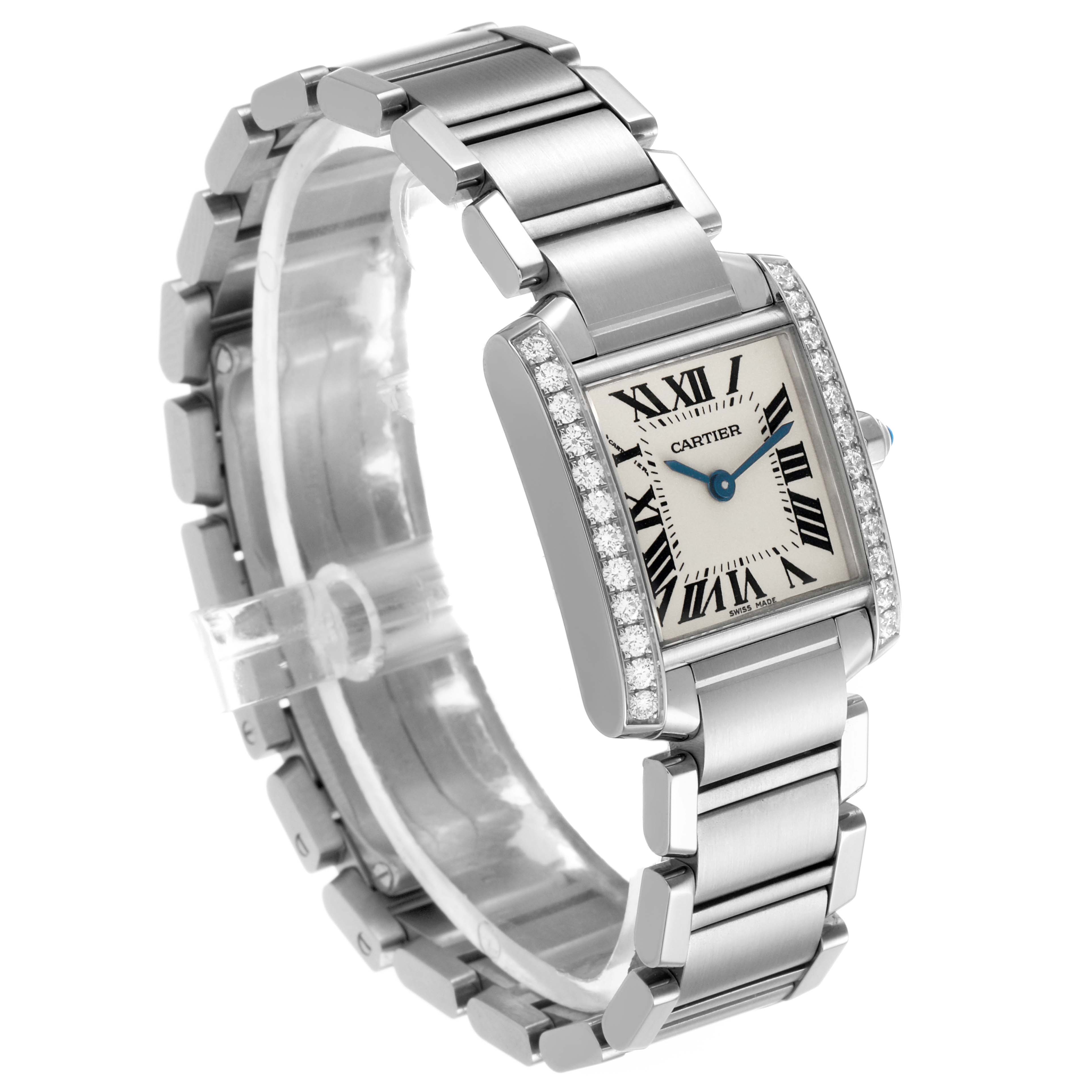 The Cartier Tank Francaise W4TA0008 Women's Stainless Steel Silver Dial watch is shown at an angle highlighting its diamond-set case, Roman numeral dial, and metal bracelet.