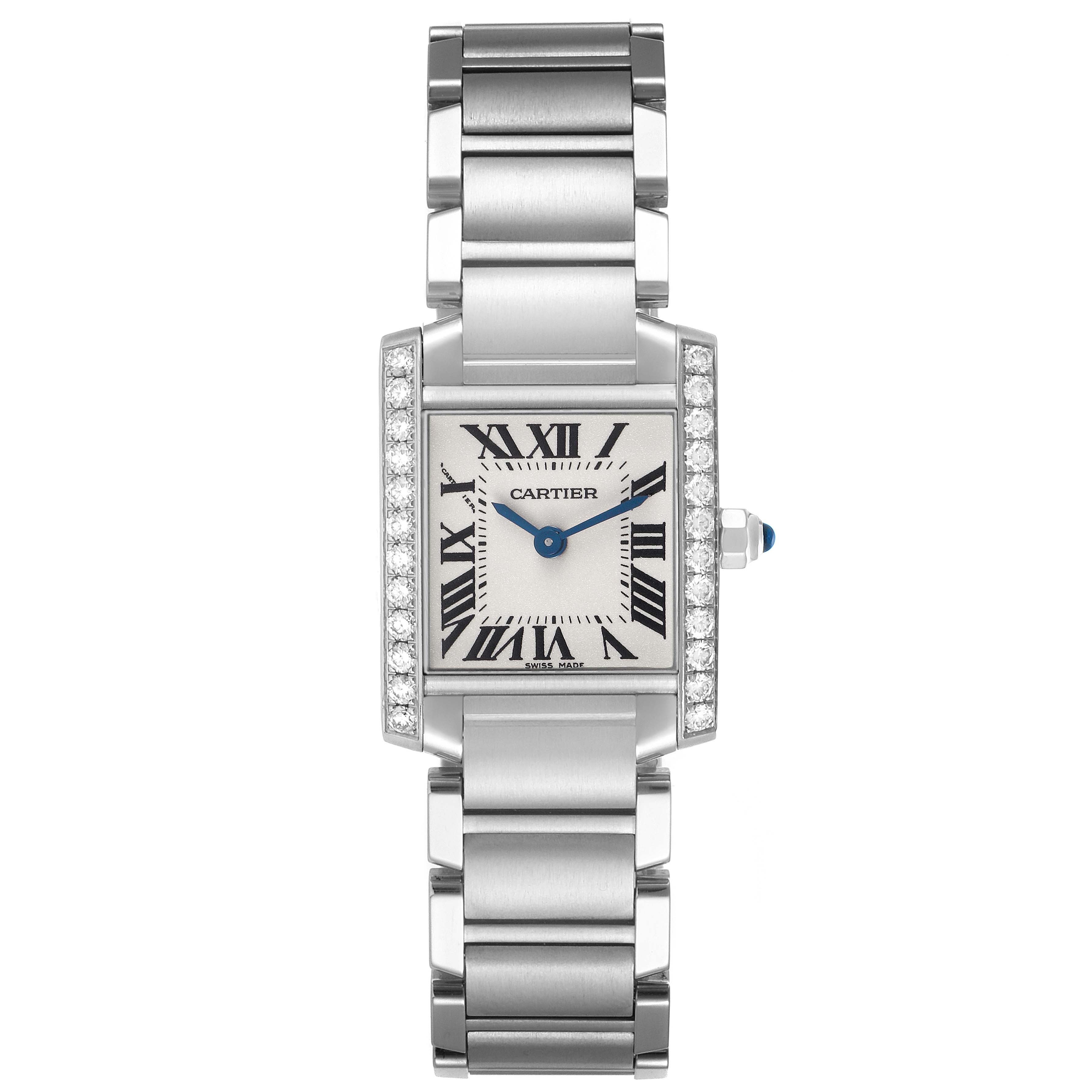 The Cartier Tank Francaise W4TA0008 Women's Stainless Steel Silver Dial watch is shown from the front, displaying its rectangular face, Roman numerals, and metal bracelet.