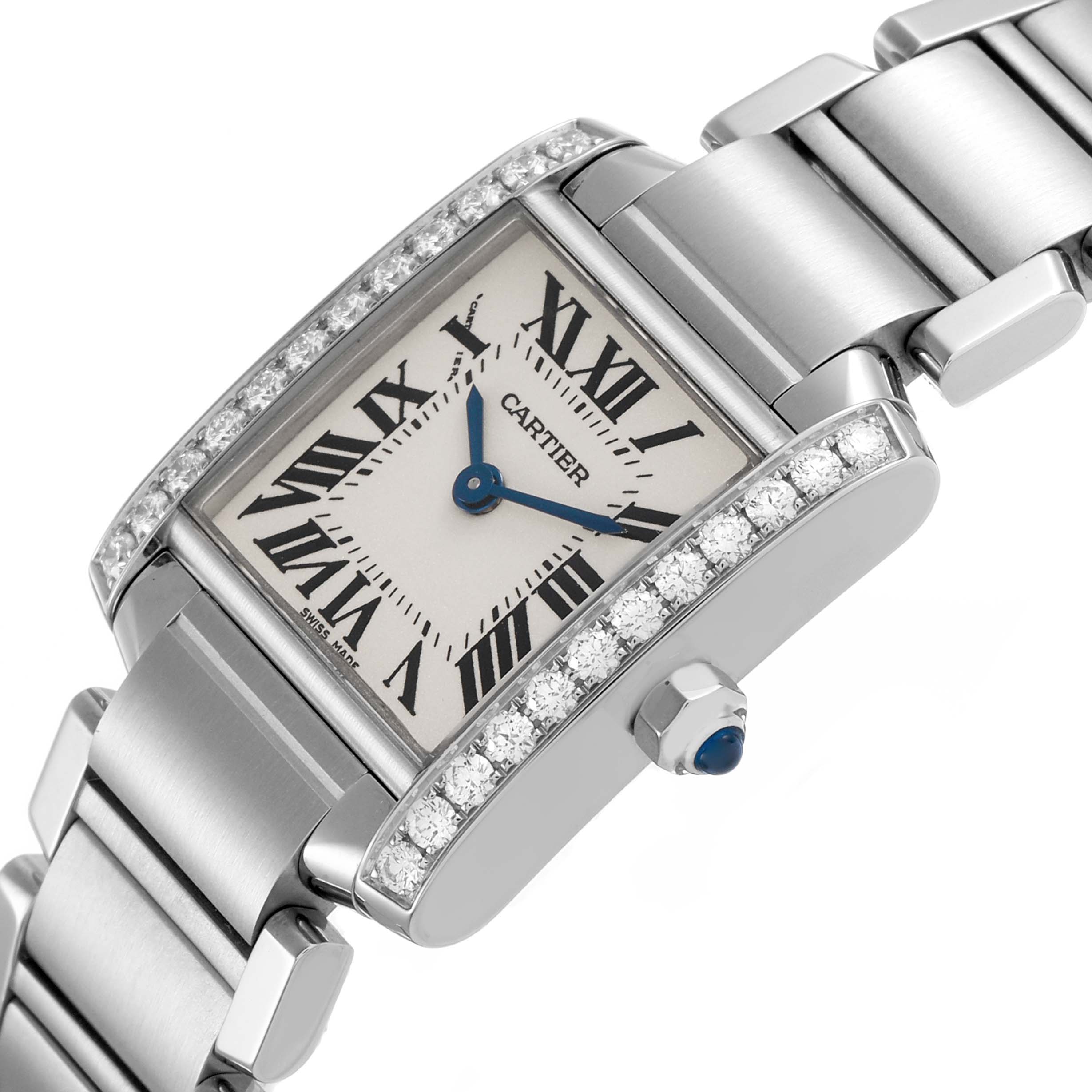 The Cartier Tank Française watch is shown at an angled side view, highlighting the dial, diamond bezel, and bracelet.