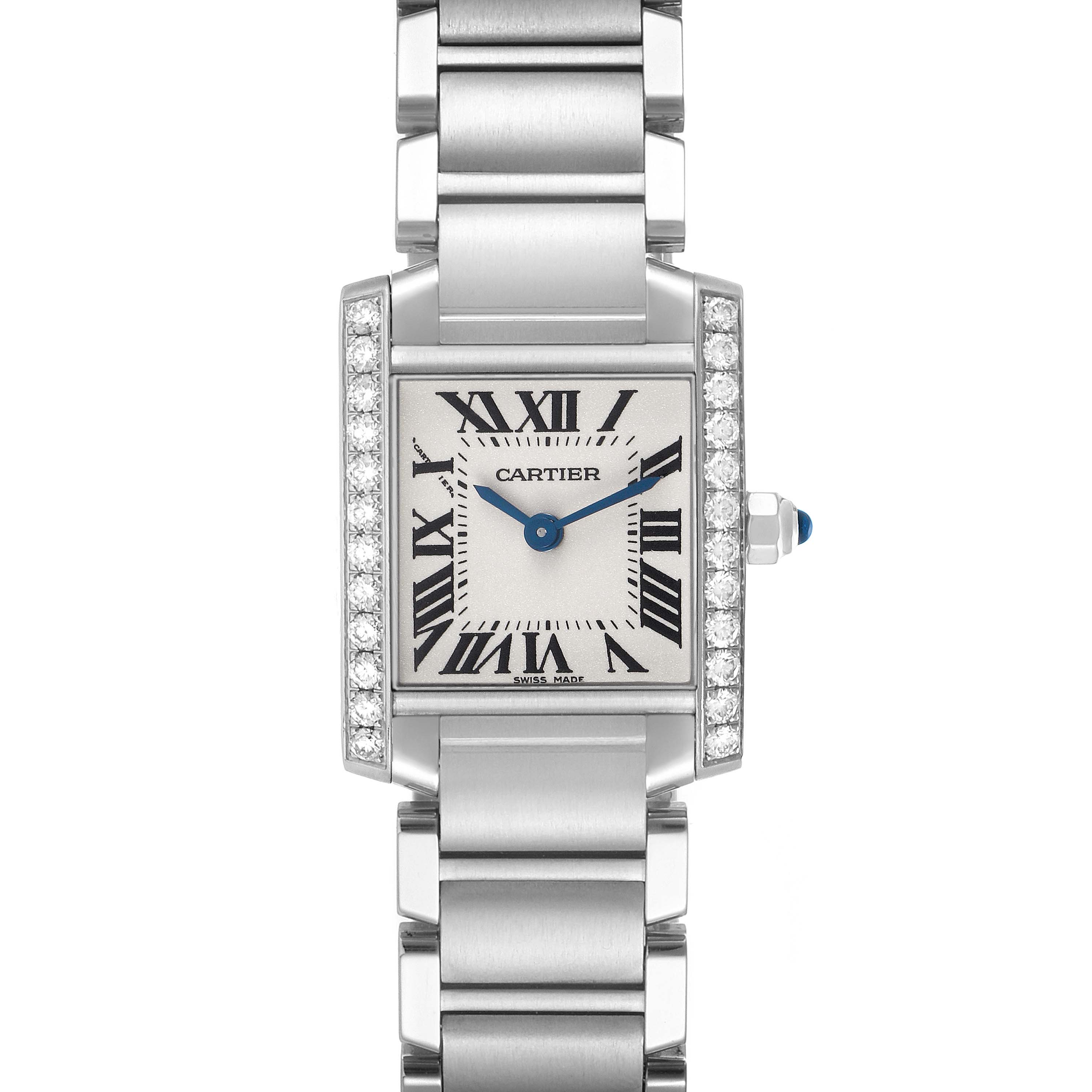 The Cartier Tank Française watch is shown from the front, highlighting its face, bracelet, and side crown.