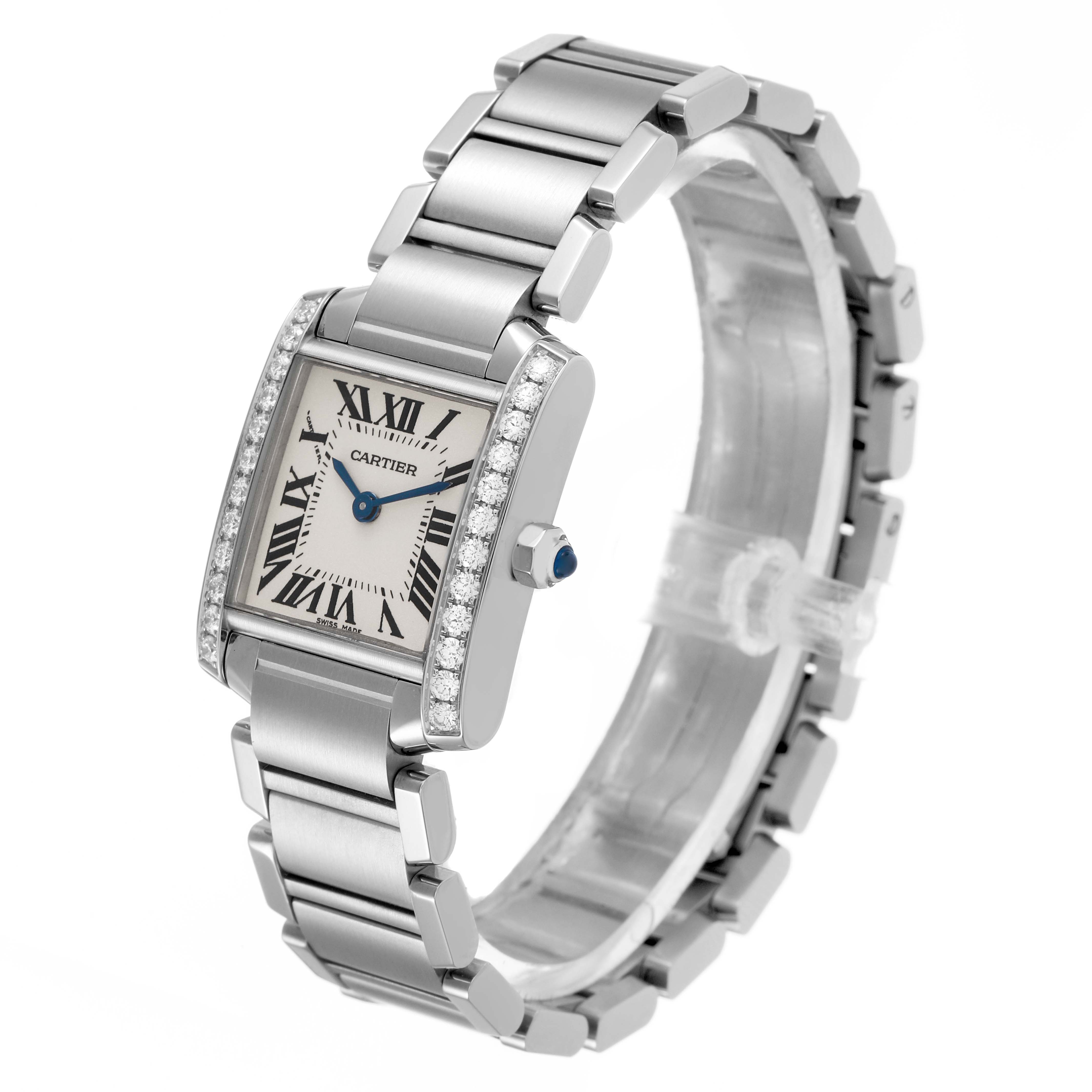 The Tank Francaise by Cartier is shown at a slight angle, highlighting the face, crown, and bracelet details.