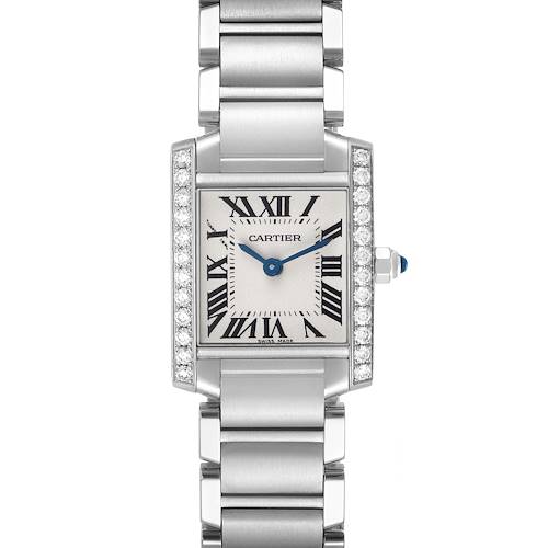 The Cartier Tank Française watch is shown from the front, displaying its rectangular face, roman numerals, diamond accents, and metal bracelet.