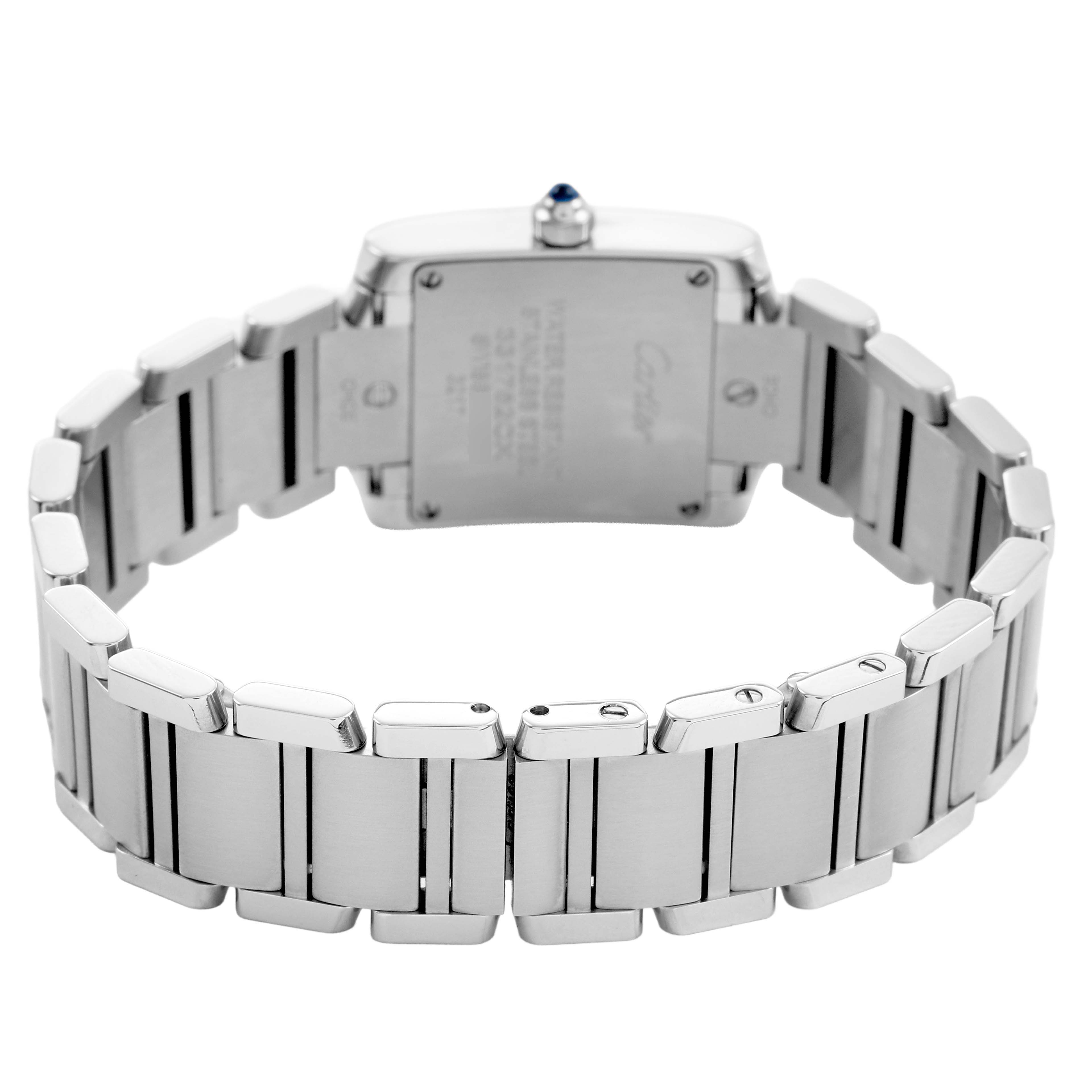 The Cartier Tank Française watch is shown from the back, highlighting its metallic bracelet and clasp.