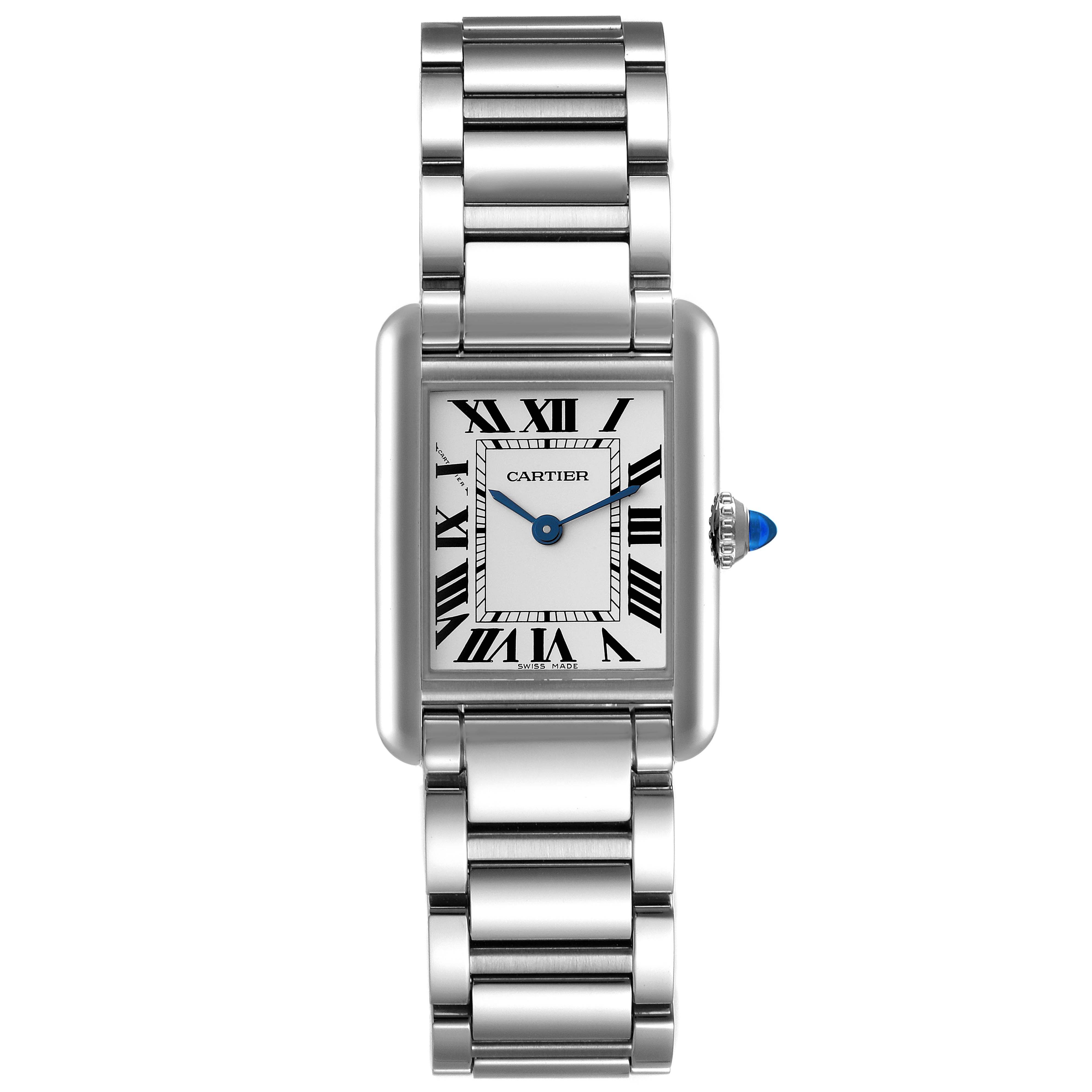 The Cartier Tank Must WSTA0051 Women
s Stainless Steel Silver Dial WSTA0051 Women
s Stainless Steel Silver Dial watch is shown from a front angle, displaying its face, Roman numerals, and band.