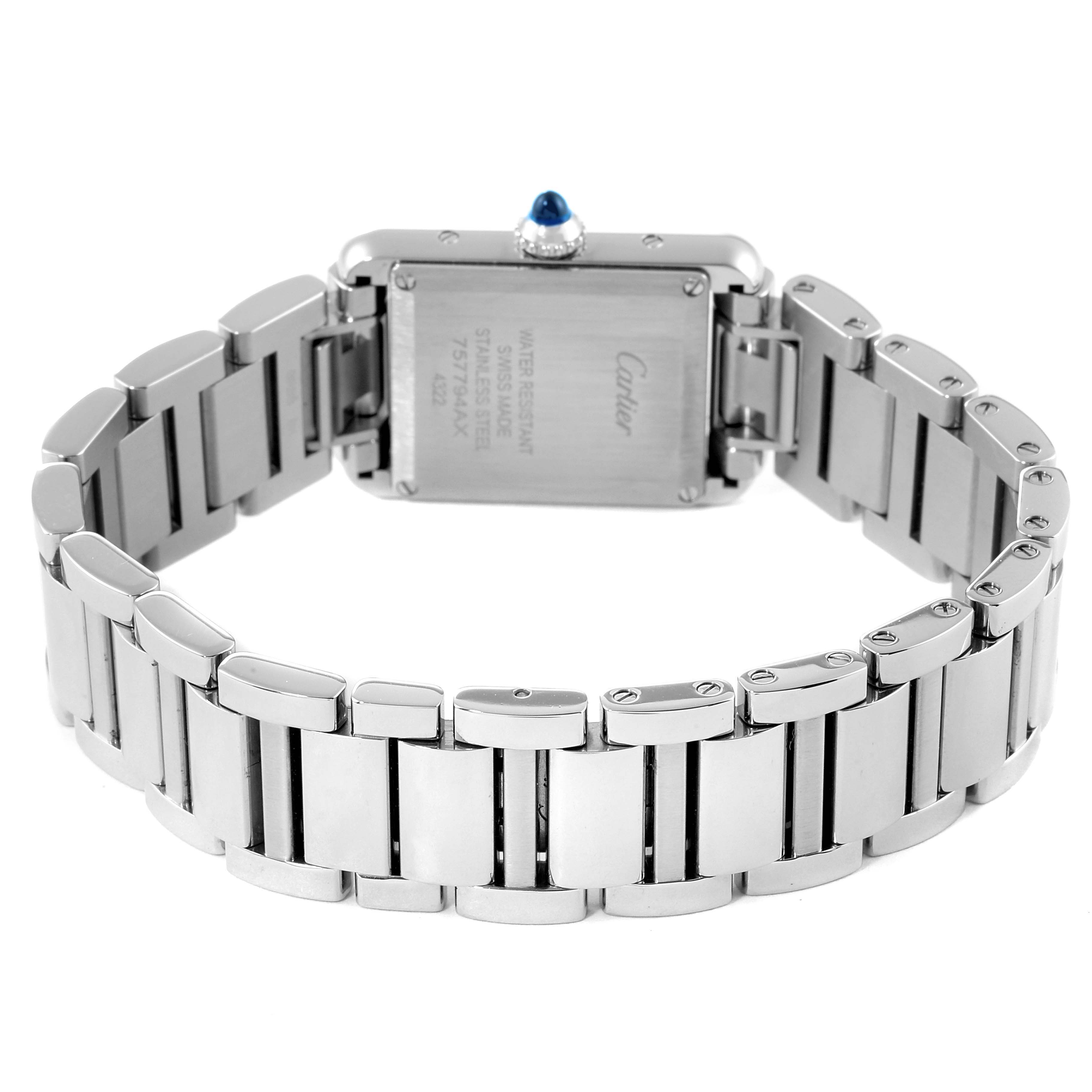 This image shows the back case and bracelet of the Cartier Tank Must WSTA0051 Women
s Stainless Steel Silver Dial WSTA0051 Women
s Stainless Steel Silver Dial watch, highlighting the clasp and detailing.