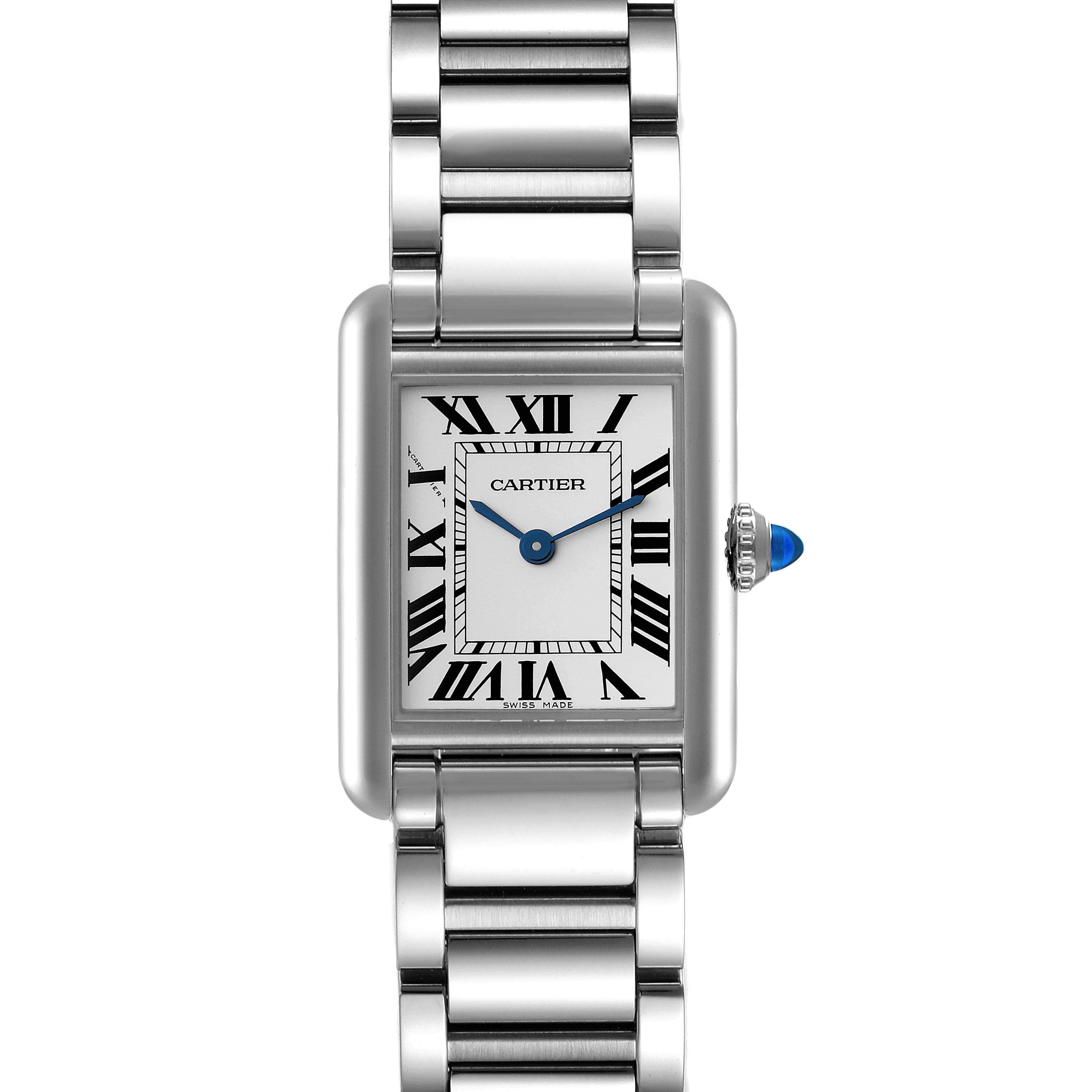 This image shows a front view of the Cartier Tank Must WSTA0051 Women
s Stainless Steel Silver Dial WSTA0051 Women
s Stainless Steel Silver Dial watch, displaying its rectangular face and metal bracelet.