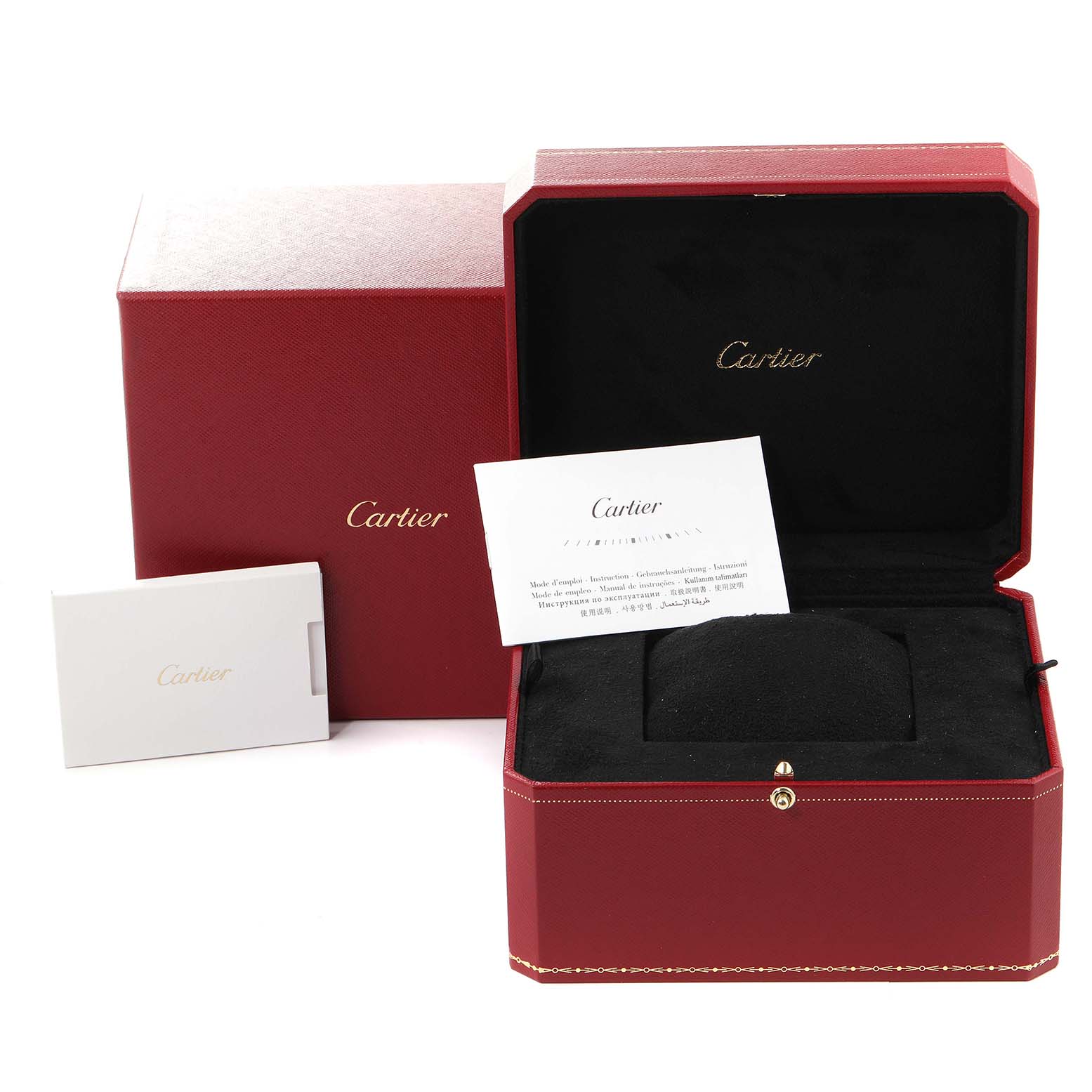 The image shows the Cartier Tank Must WSTA0051 Women
s Stainless Steel Silver Dial WSTA0051 Women
s Stainless Steel Silver Dial watch packaging, including the box, cushion, and documentation, viewed from the front.