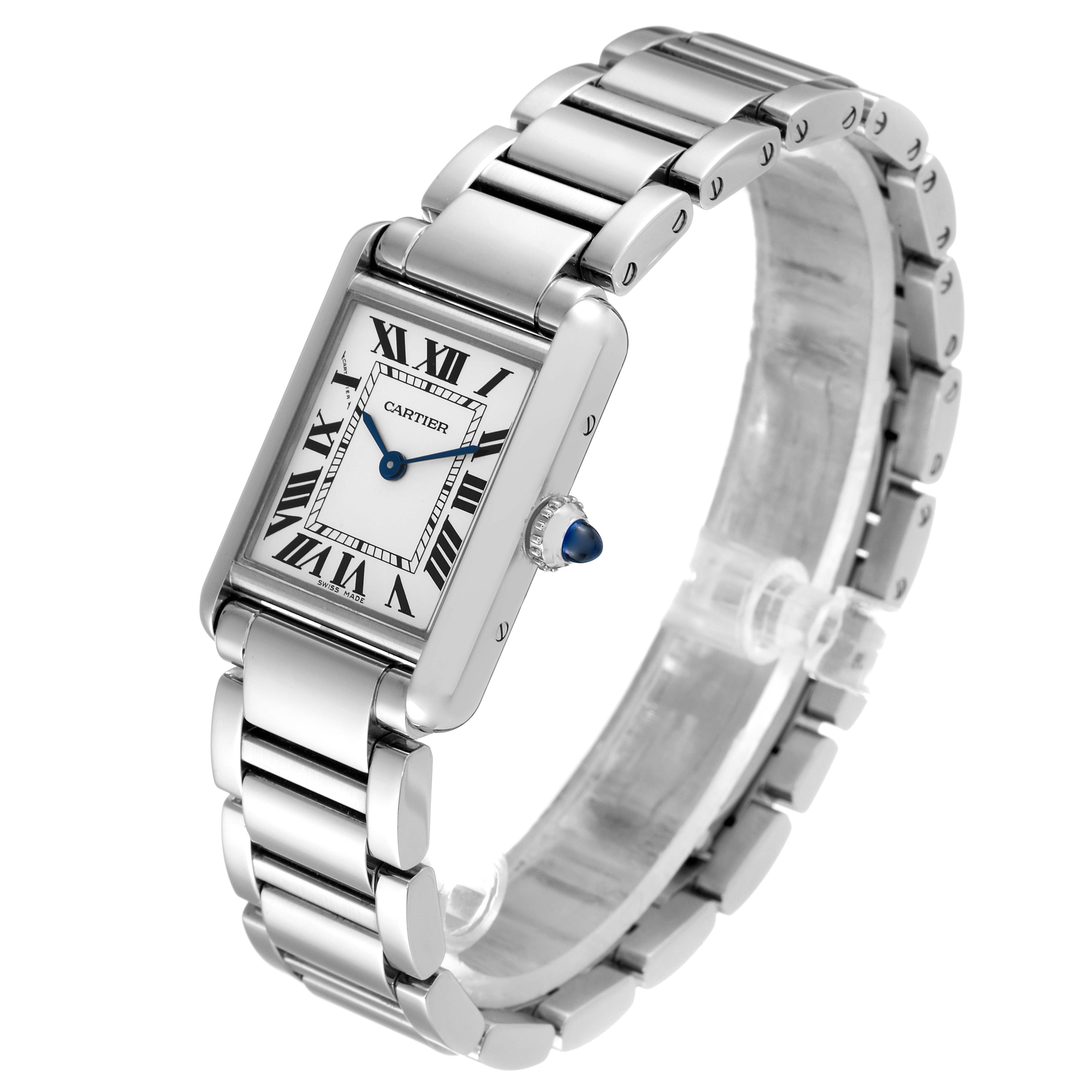 This image shows an angled view of the Cartier Tank Must WSTA0051 Women
s Stainless Steel Silver Dial WSTA0051 Women
s Stainless Steel Silver Dial watch, featuring the face, bracelet, and crown with a blue cabochon.